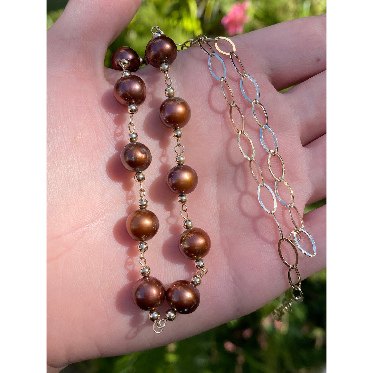 Vintage Solid 14k Yellow Gold Pearl Gold Ball Fancy Oval Link Chain Necklace - 17 inches