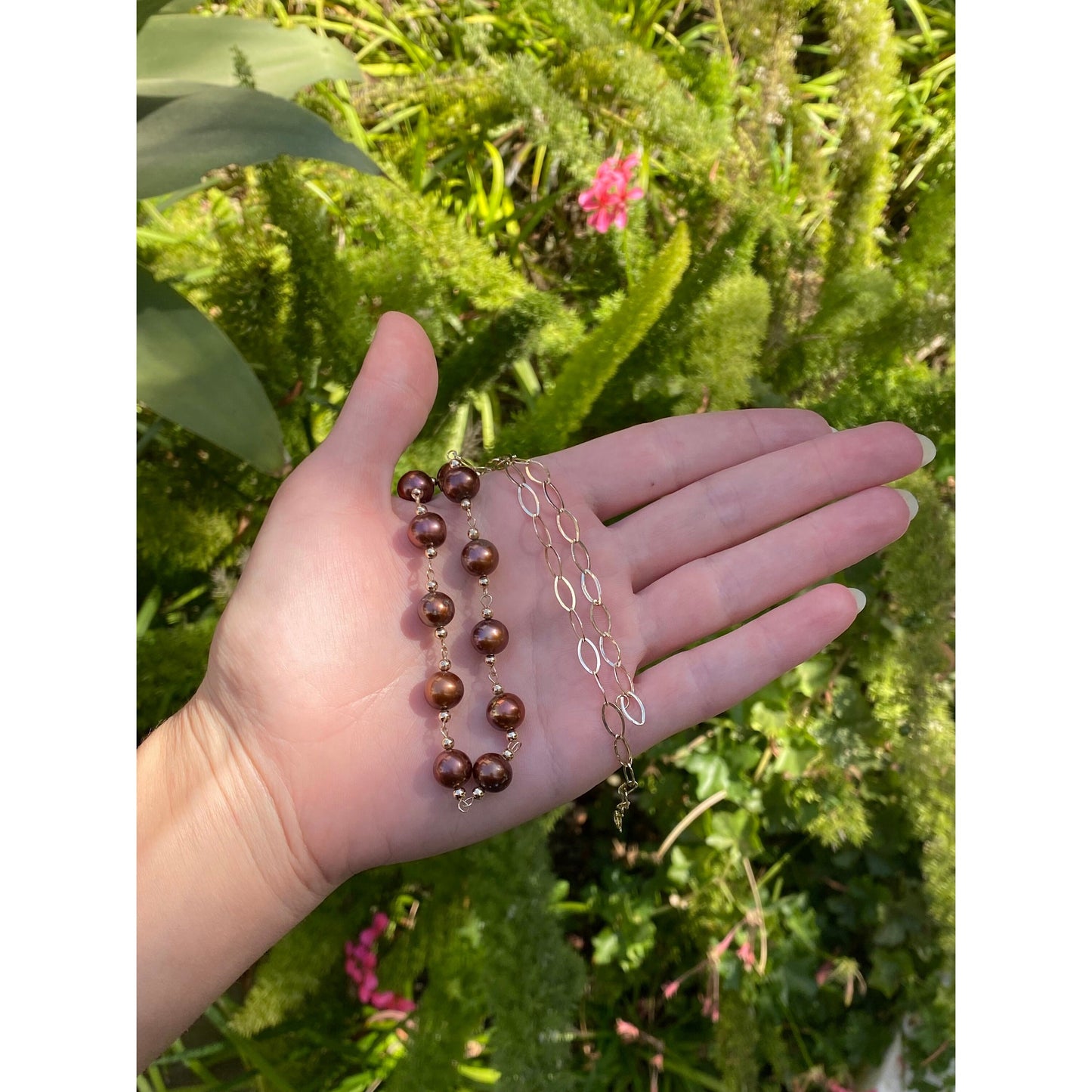 Vintage Solid 14k Yellow Gold Pearl Gold Ball Fancy Oval Link Chain Necklace - 17 inches