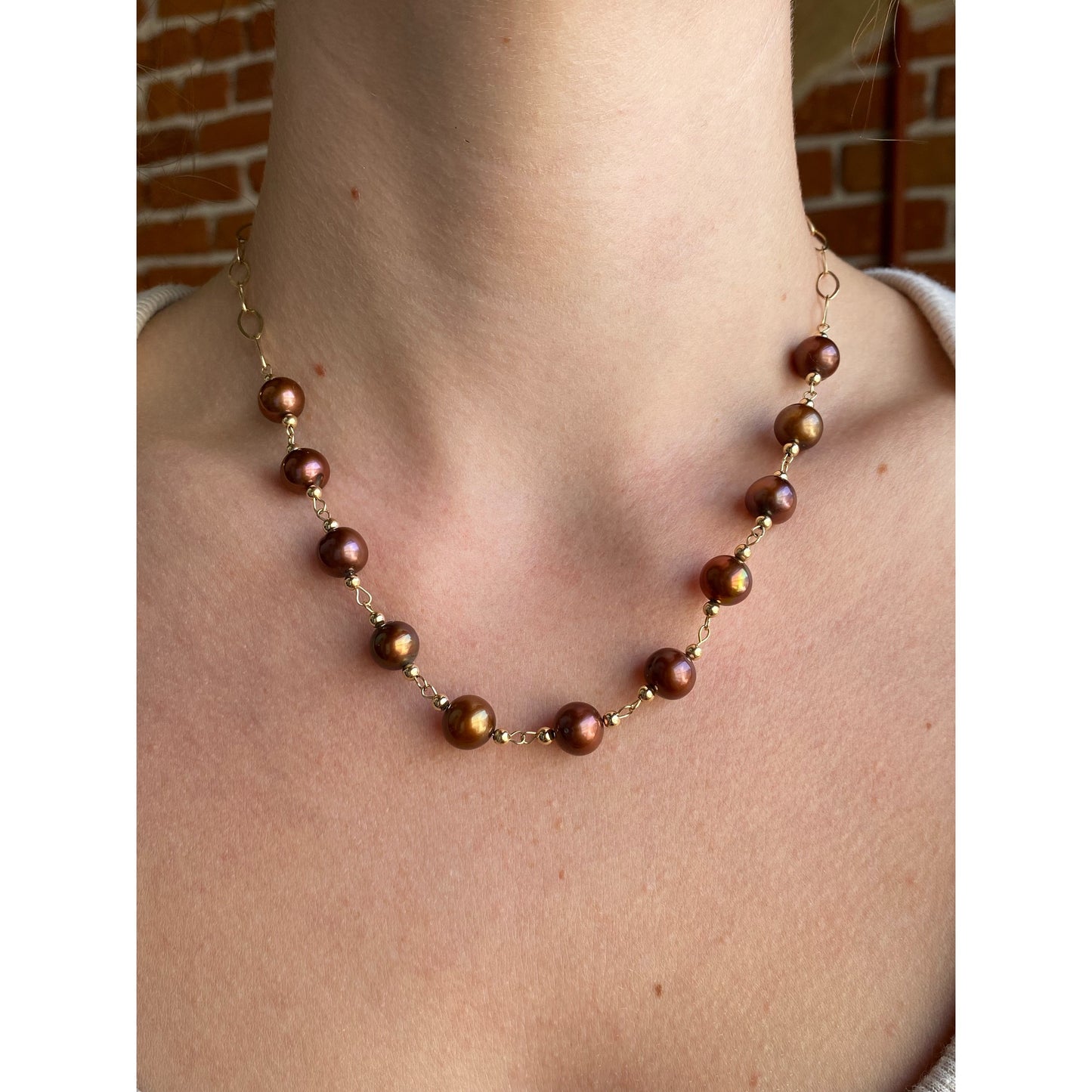 Vintage Solid 14k Yellow Gold Pearl Gold Ball Fancy Oval Link Chain Necklace - 17 inches