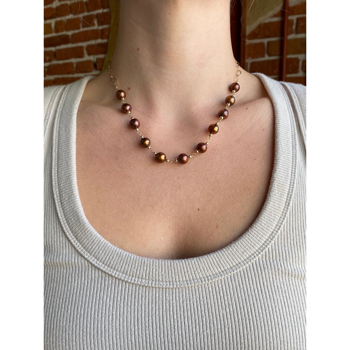 Vintage Solid 14k Yellow Gold Pearl Gold Ball Fancy Oval Link Chain Necklace - 17 inches