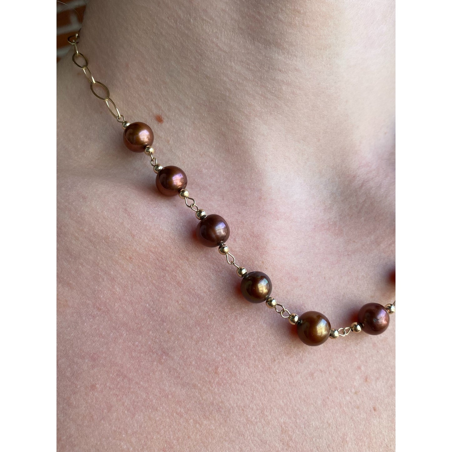 Vintage Solid 14k Yellow Gold Pearl Gold Ball Fancy Oval Link Chain Necklace - 17 inches