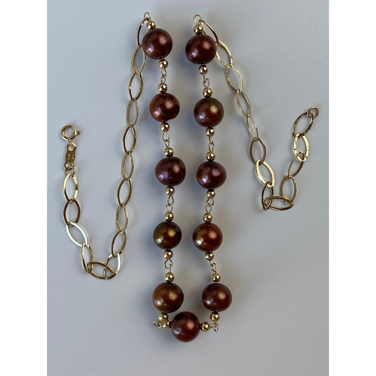 Vintage Solid 14k Yellow Gold Pearl Gold Ball Fancy Oval Link Chain Necklace - 17 inches