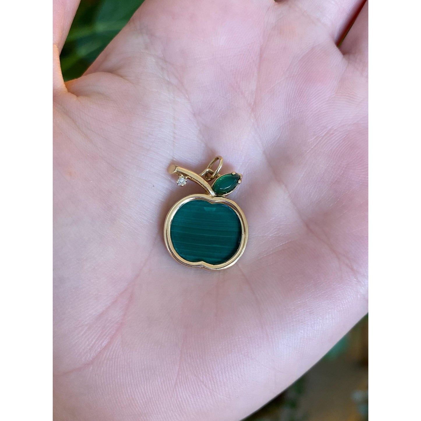 Solid 14k Yellow Gold Diamond Malachite Emerald Apple Charm