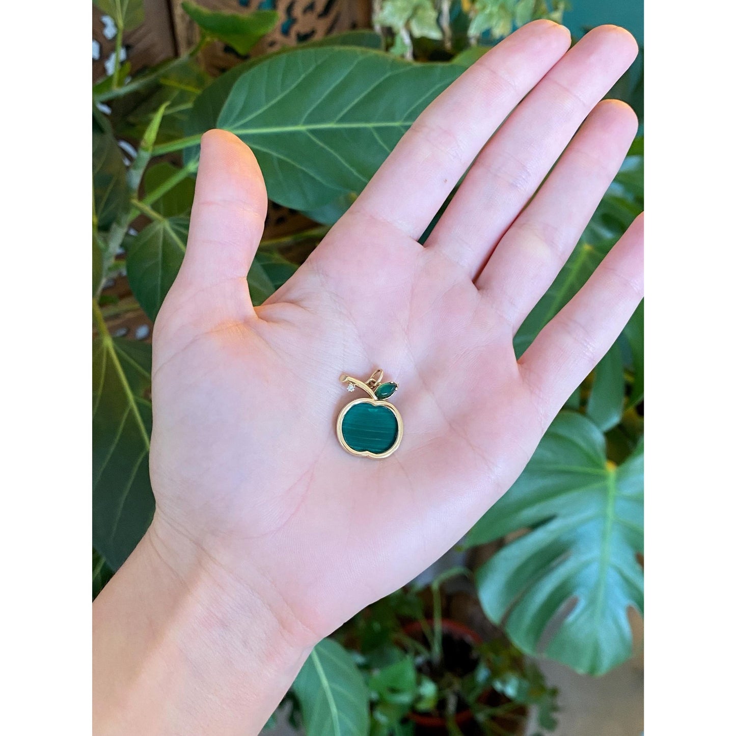 Solid 14k Yellow Gold Diamond Malachite Emerald Apple Charm