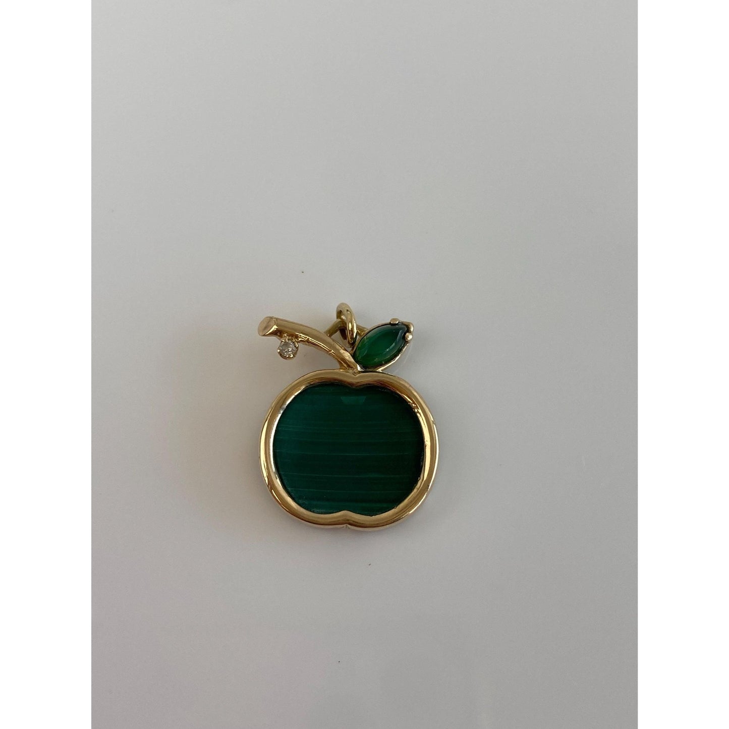 Solid 14k Yellow Gold Diamond Malachite Emerald Apple Charm