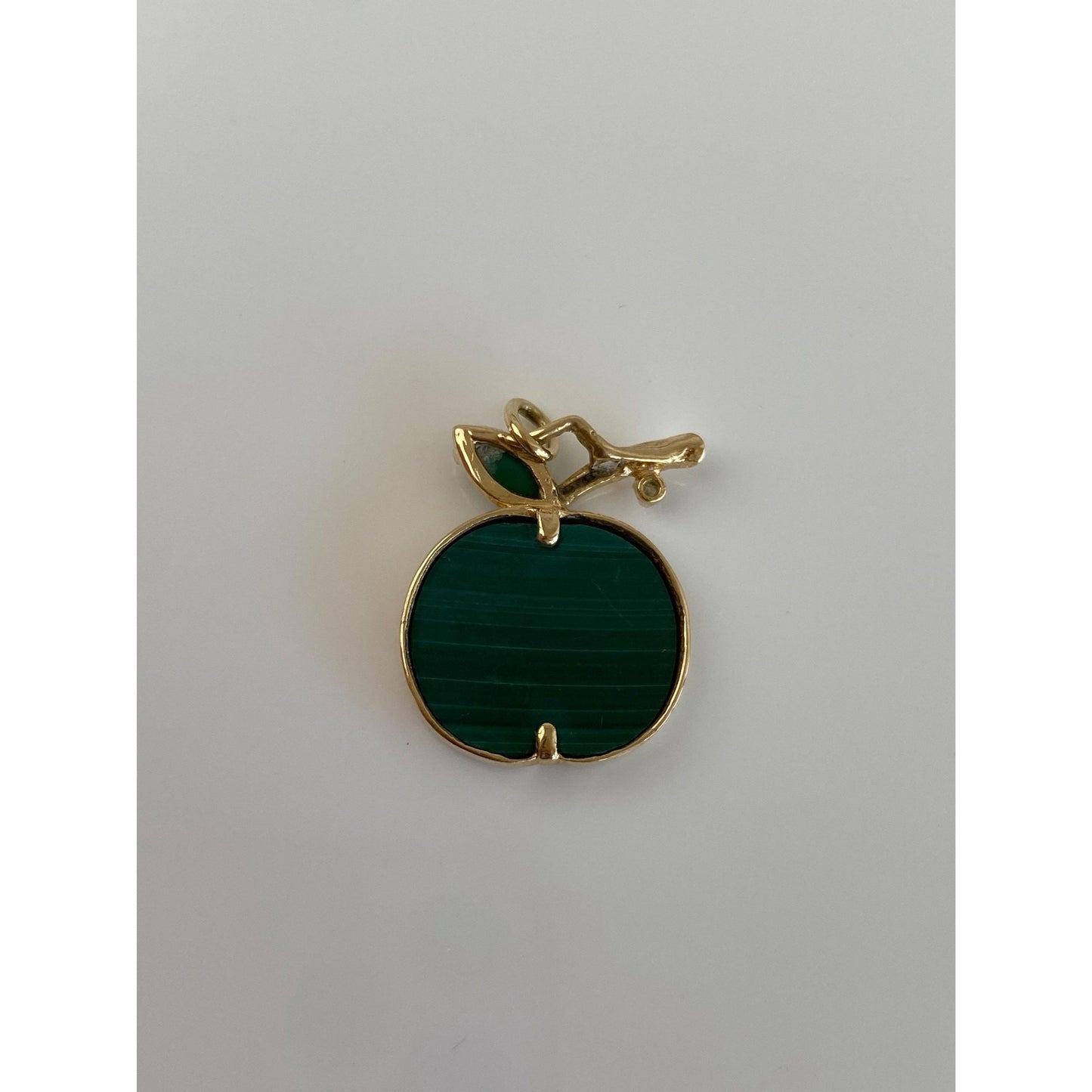 Solid 14k Yellow Gold Diamond Malachite Emerald Apple Charm
