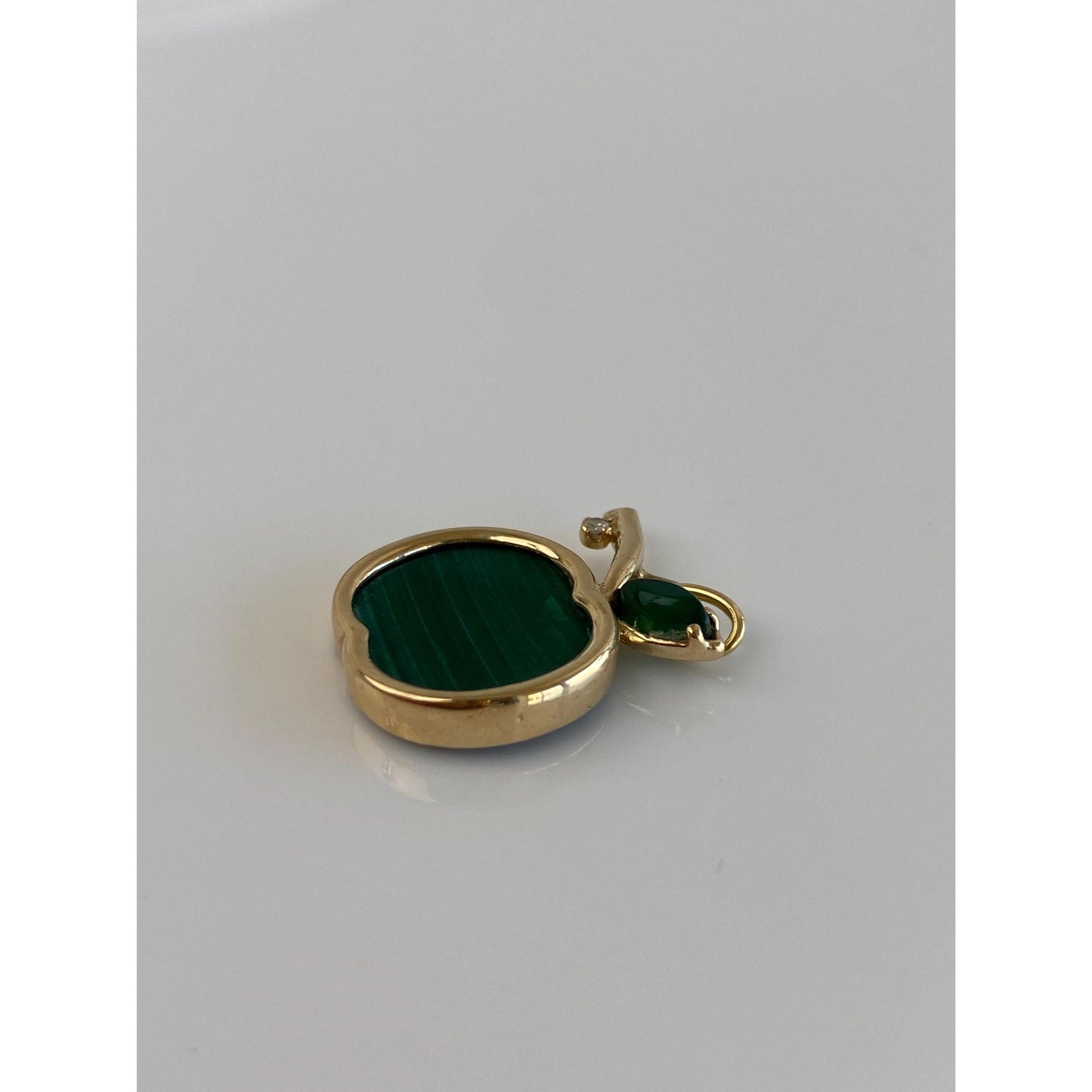 Solid 14k Yellow Gold Diamond Malachite Emerald Apple Charm