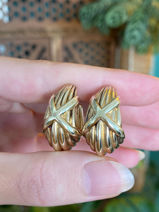 Vintage 14k Yellow Gold Lined X Drop Hoop Earrings