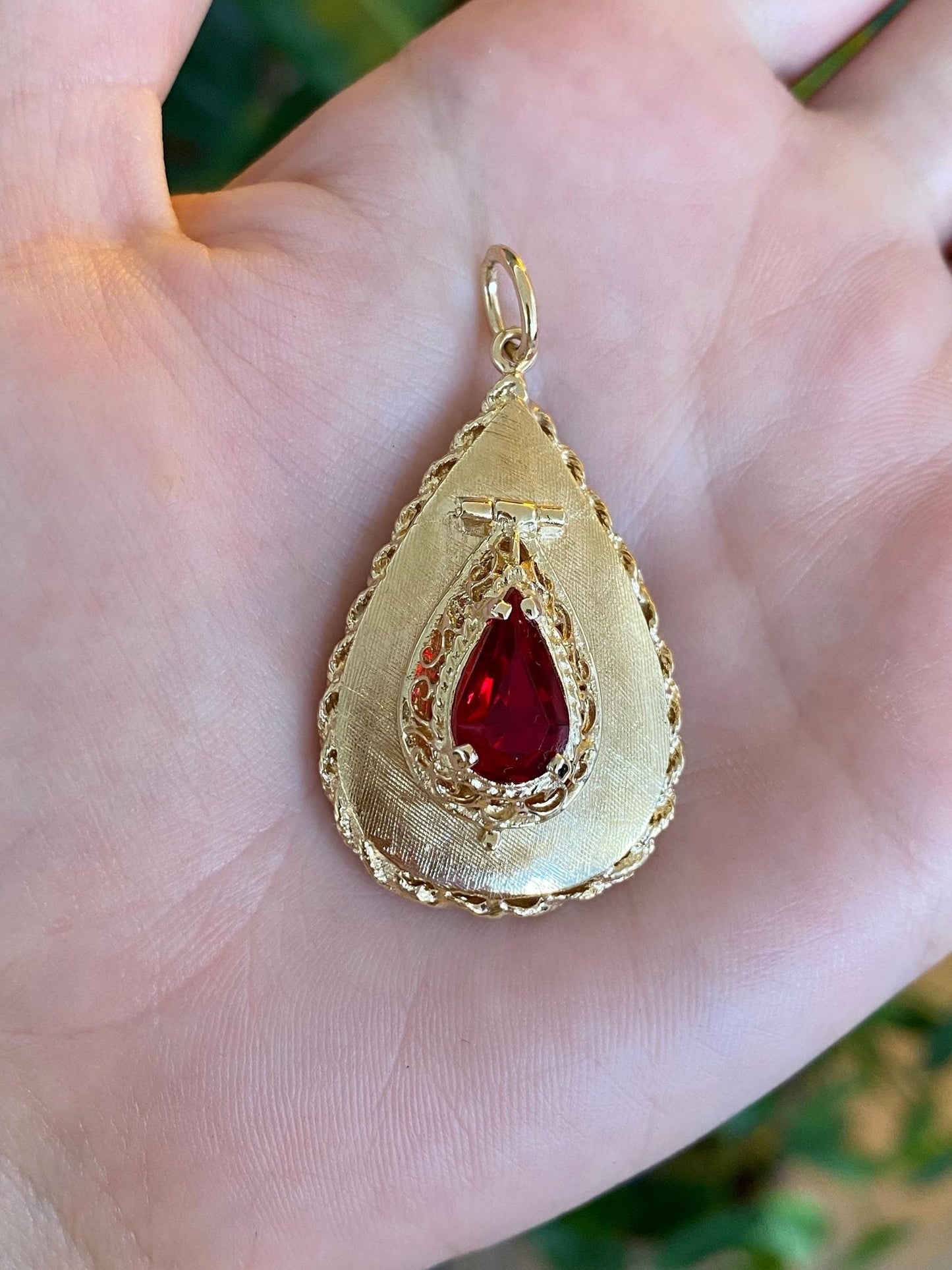 Vintage Solid 14k Yellow Gold Red Cubic Zirconia Locket Charm