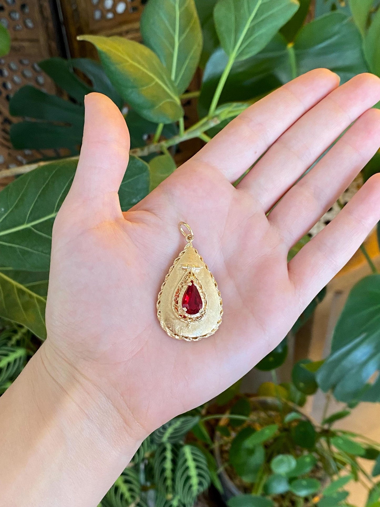Vintage Solid 14k Yellow Gold Red Cubic Zirconia Locket Charm