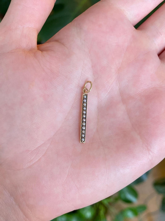 Solid 14k Yellow Gold Seed Pearls Bar Charm