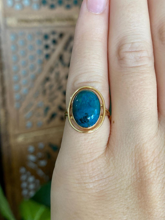 Vintage Solid 14k Yellow Gold Azurite Ring - Size 3.75