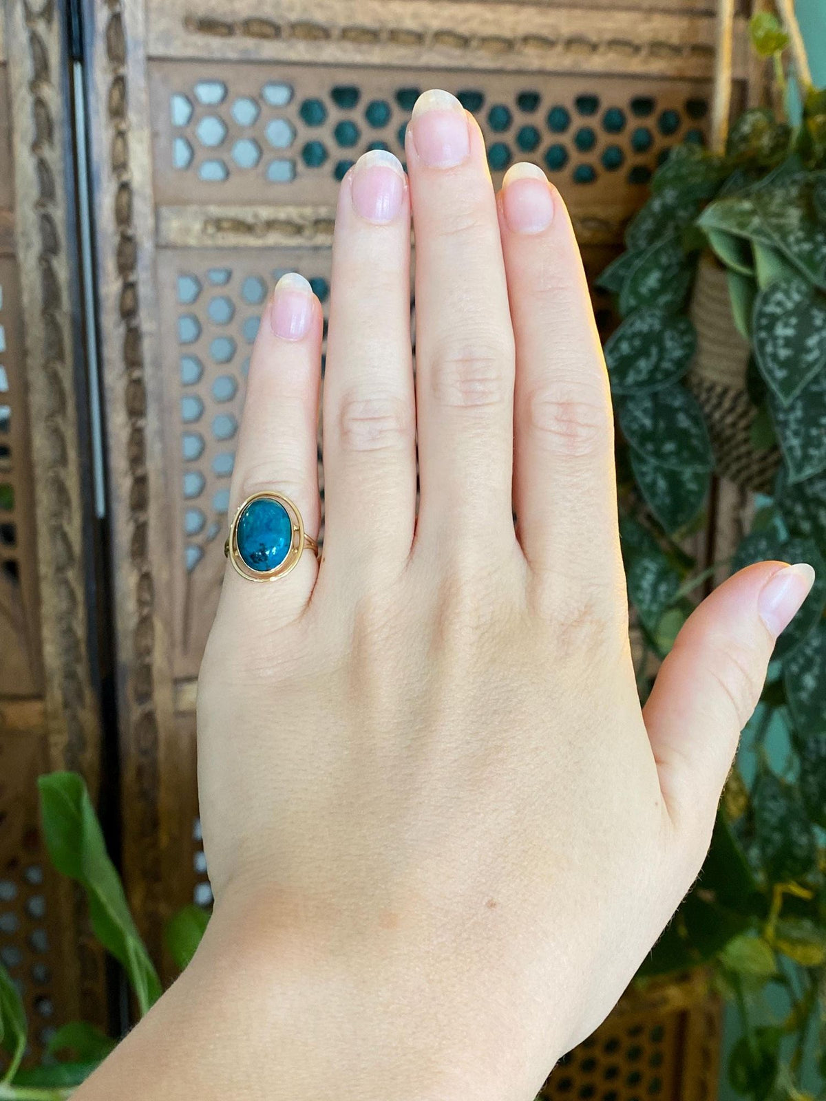 Vintage Solid 14k Yellow Gold Azurite Ring - Size 3.75