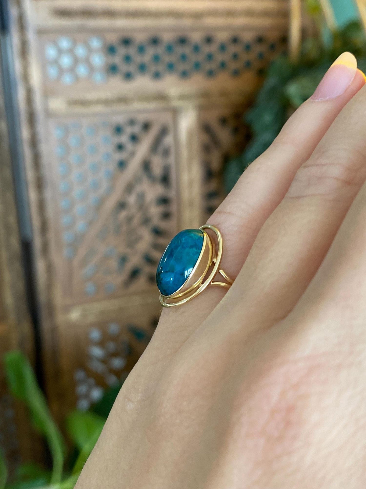 Vintage Solid 14k Yellow Gold Azurite Ring - Size 3.75