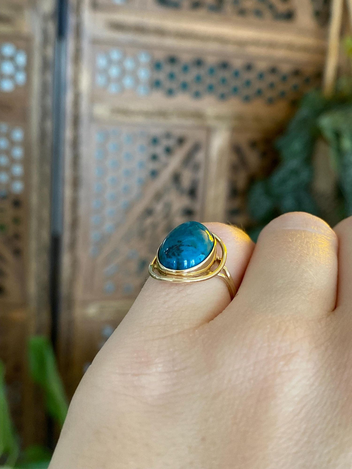 Vintage Solid 14k Yellow Gold Azurite Ring - Size 3.75