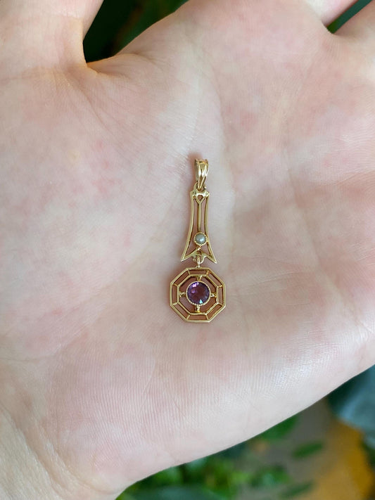 Vintage Solid 9k Yellow Gold Purple Cubic Zirconia Seed Pearl Dangle Charm