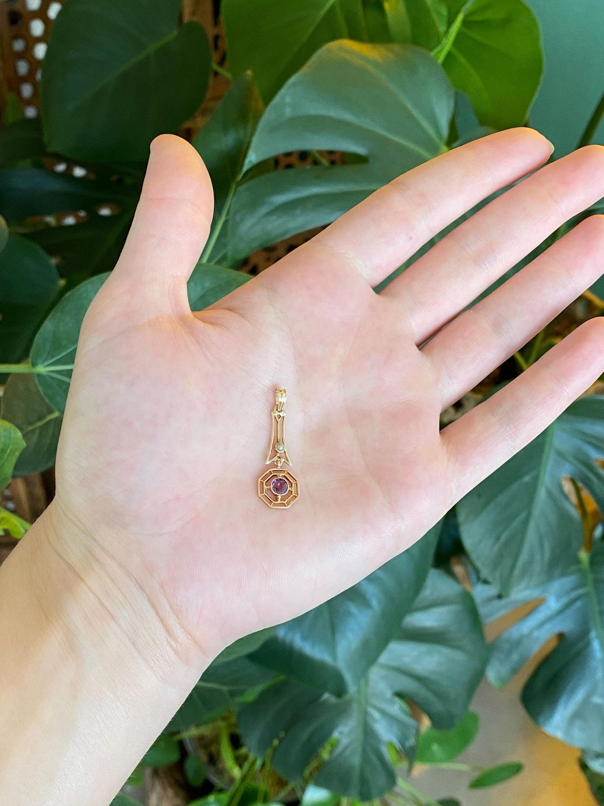 Vintage Solid 9k Yellow Gold Purple Cubic Zirconia Seed Pearl Dangle Charm