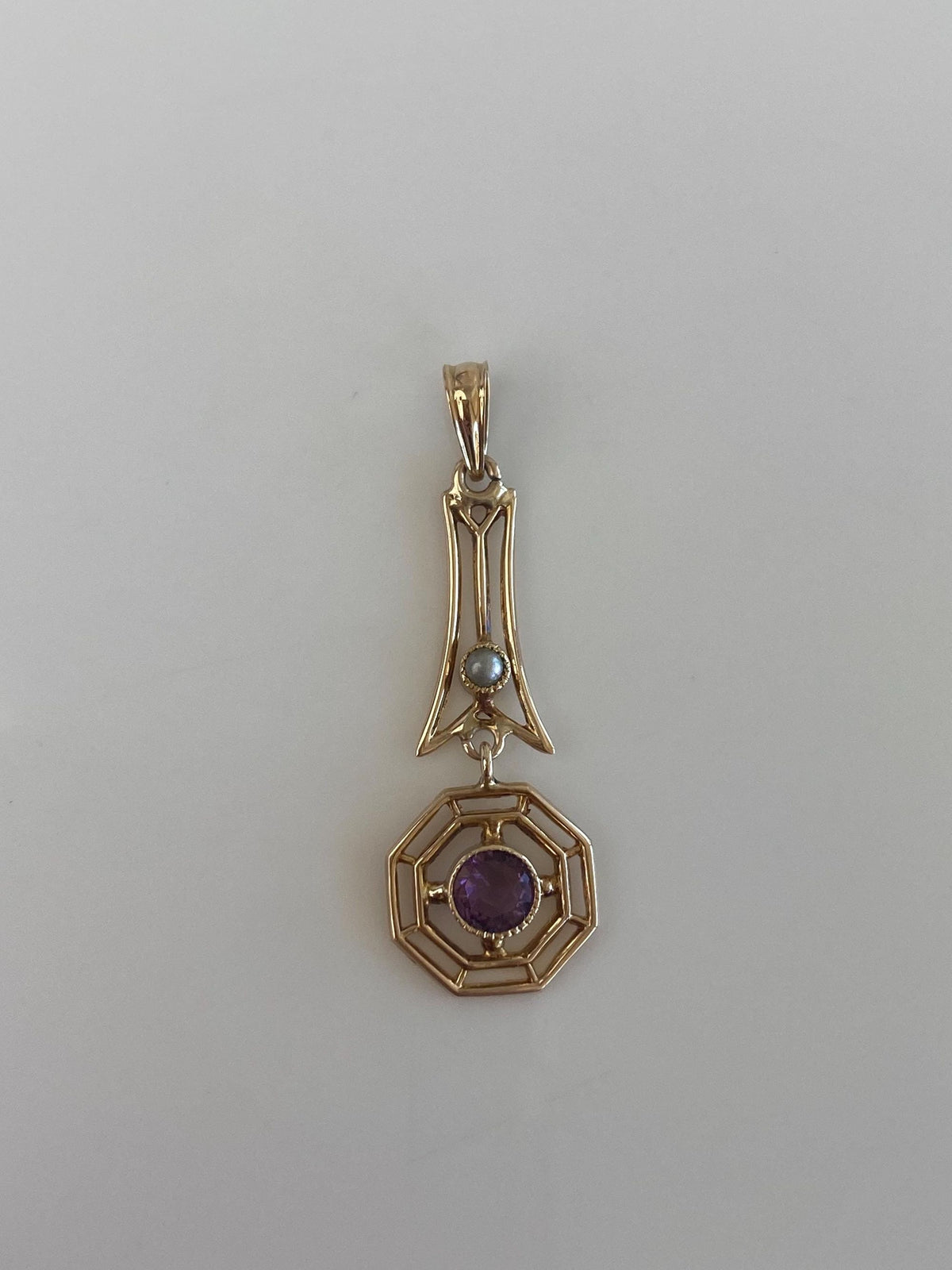 Vintage Solid 9k Yellow Gold Purple Cubic Zirconia Seed Pearl Dangle Charm