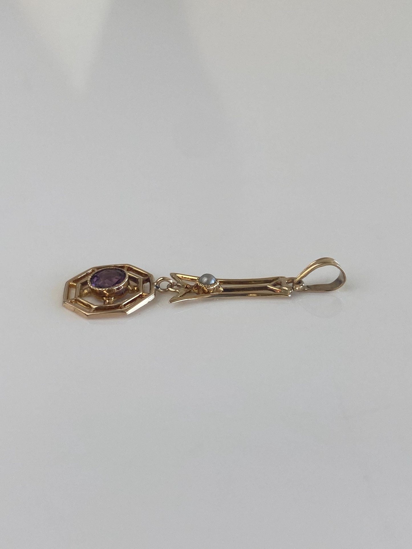 Vintage Solid 9k Yellow Gold Purple Cubic Zirconia Seed Pearl Dangle Charm