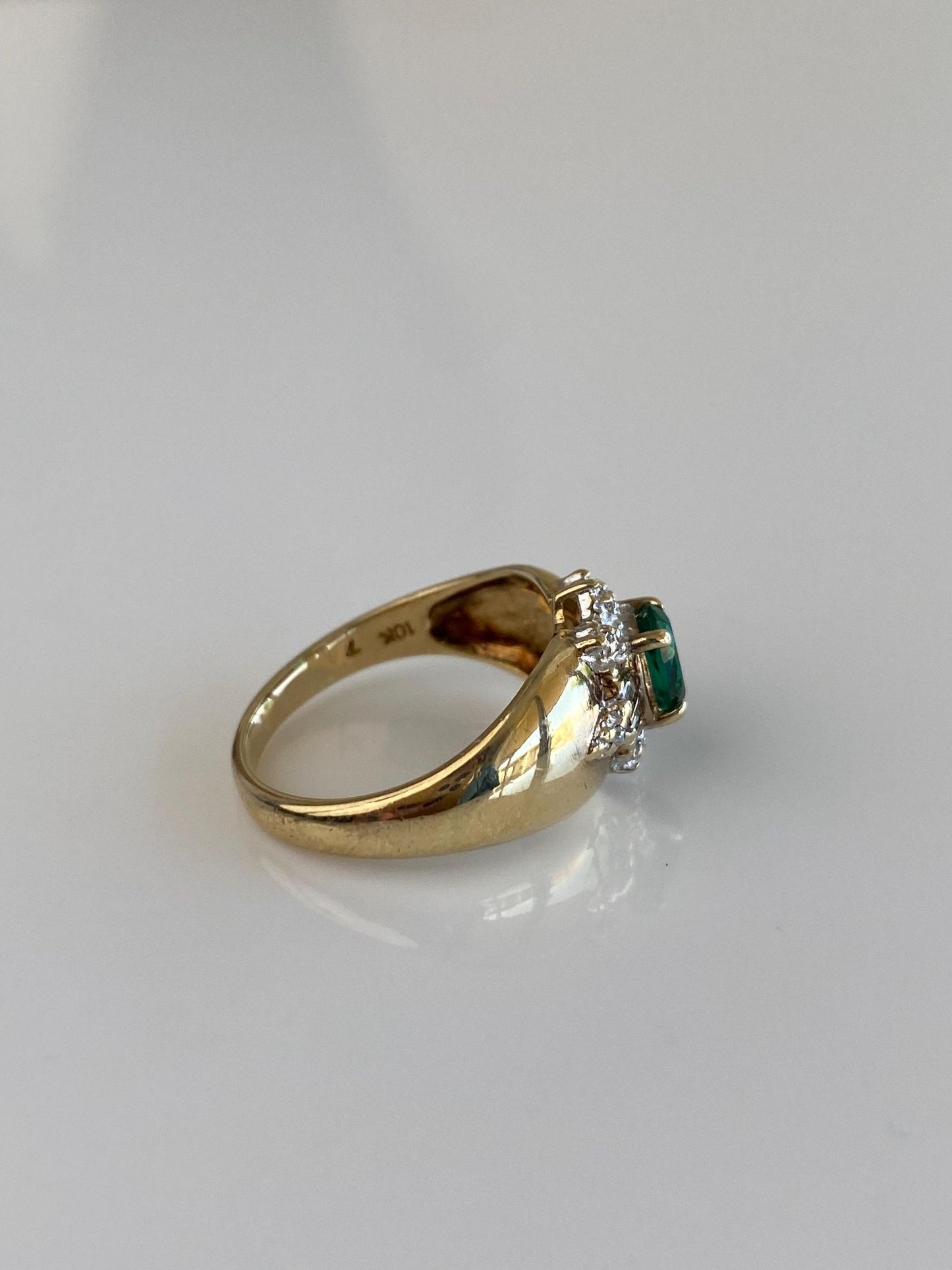 Vintage Solid 10k Yellow Gold Emerald Baguette & Round Diamond Ring - Size 5.75