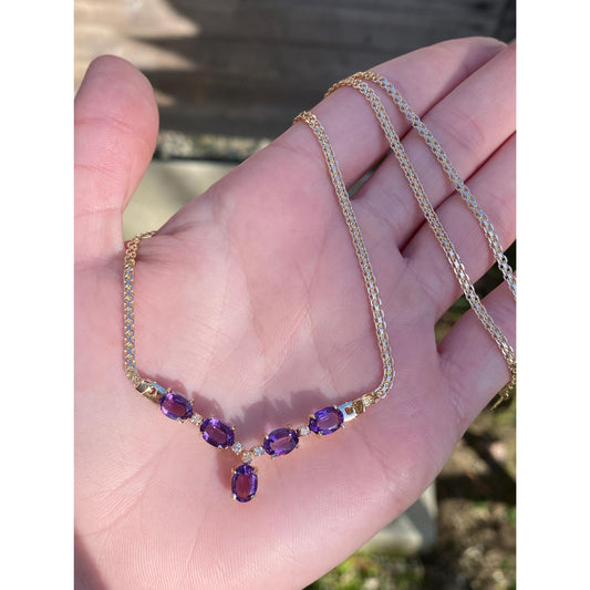 Solid 14k Yellow Gold Amethyst Diamond Fancy Flat Chain Necklace - 17.5 inches