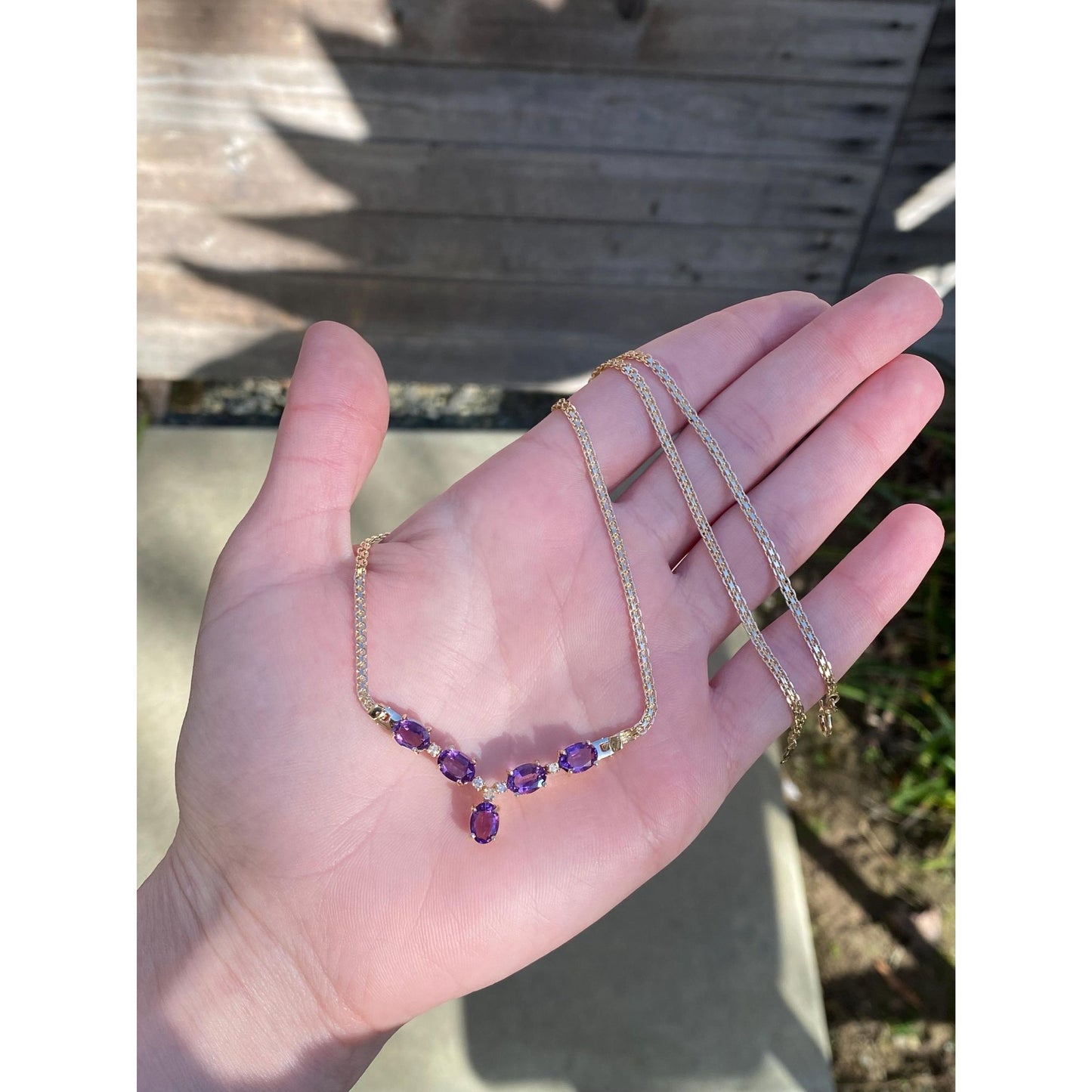 Solid 14k Yellow Gold Amethyst Diamond Fancy Flat Chain Necklace - 17.5 inches