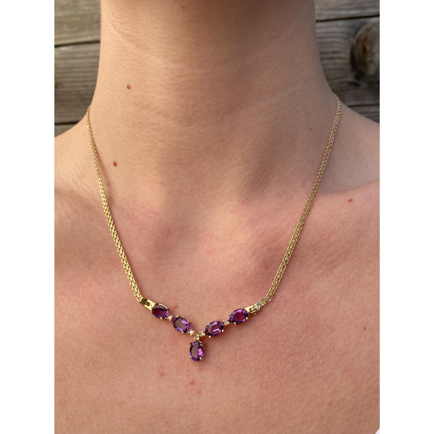 Solid 14k Yellow Gold Amethyst Diamond Fancy Flat Chain Necklace - 17.5 inches