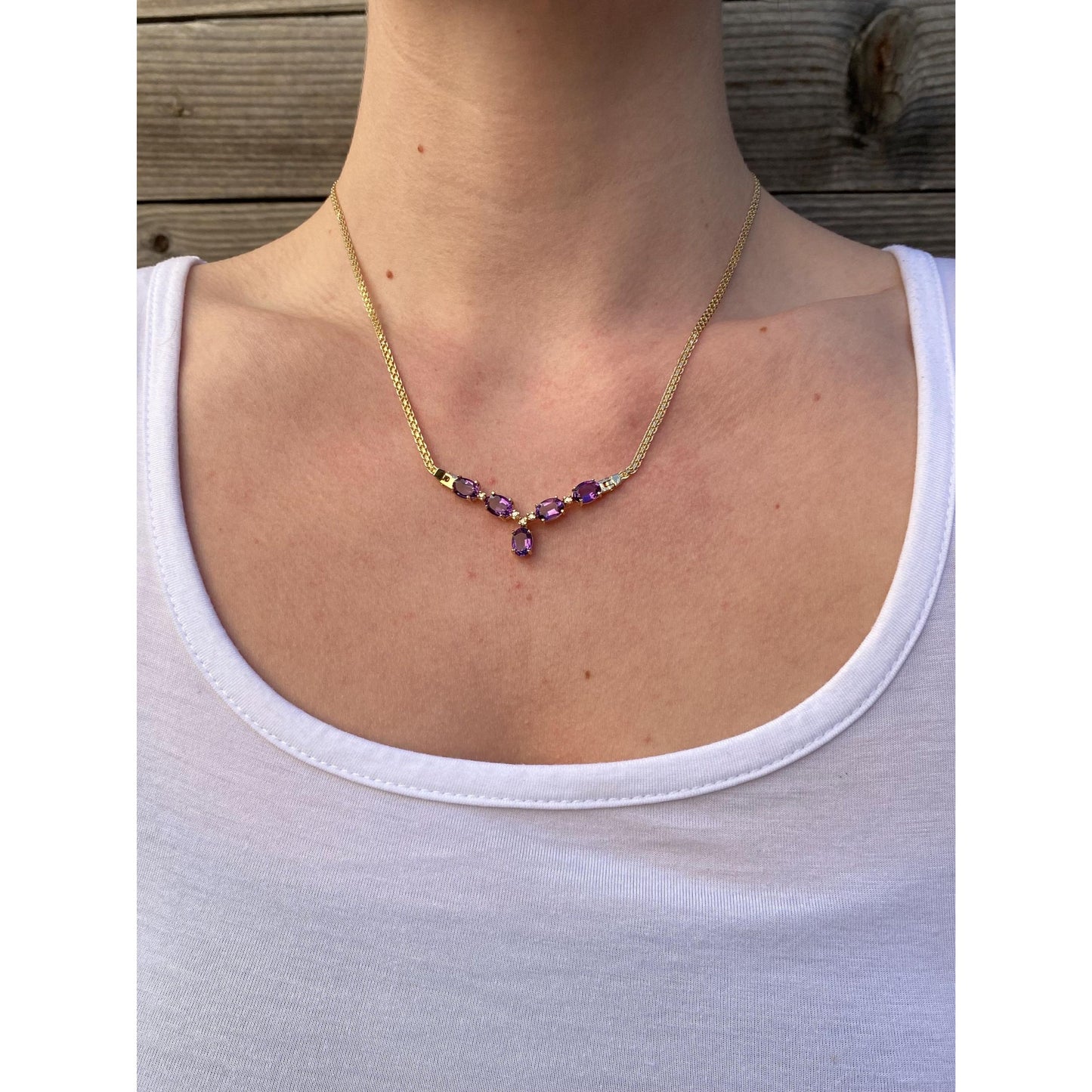 Solid 14k Yellow Gold Amethyst Diamond Fancy Flat Chain Necklace - 17.5 inches