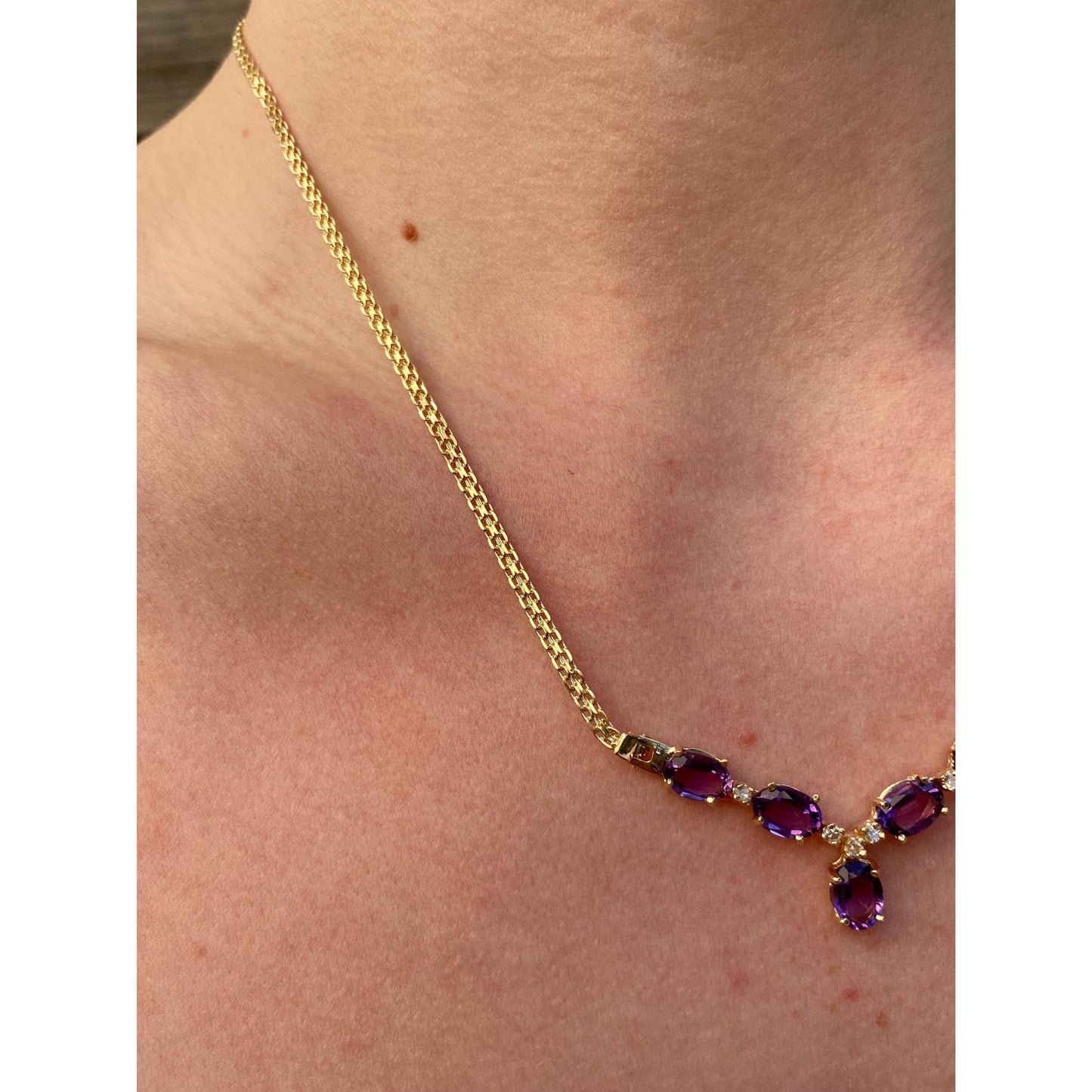 Solid 14k Yellow Gold Amethyst Diamond Fancy Flat Chain Necklace - 17.5 inches