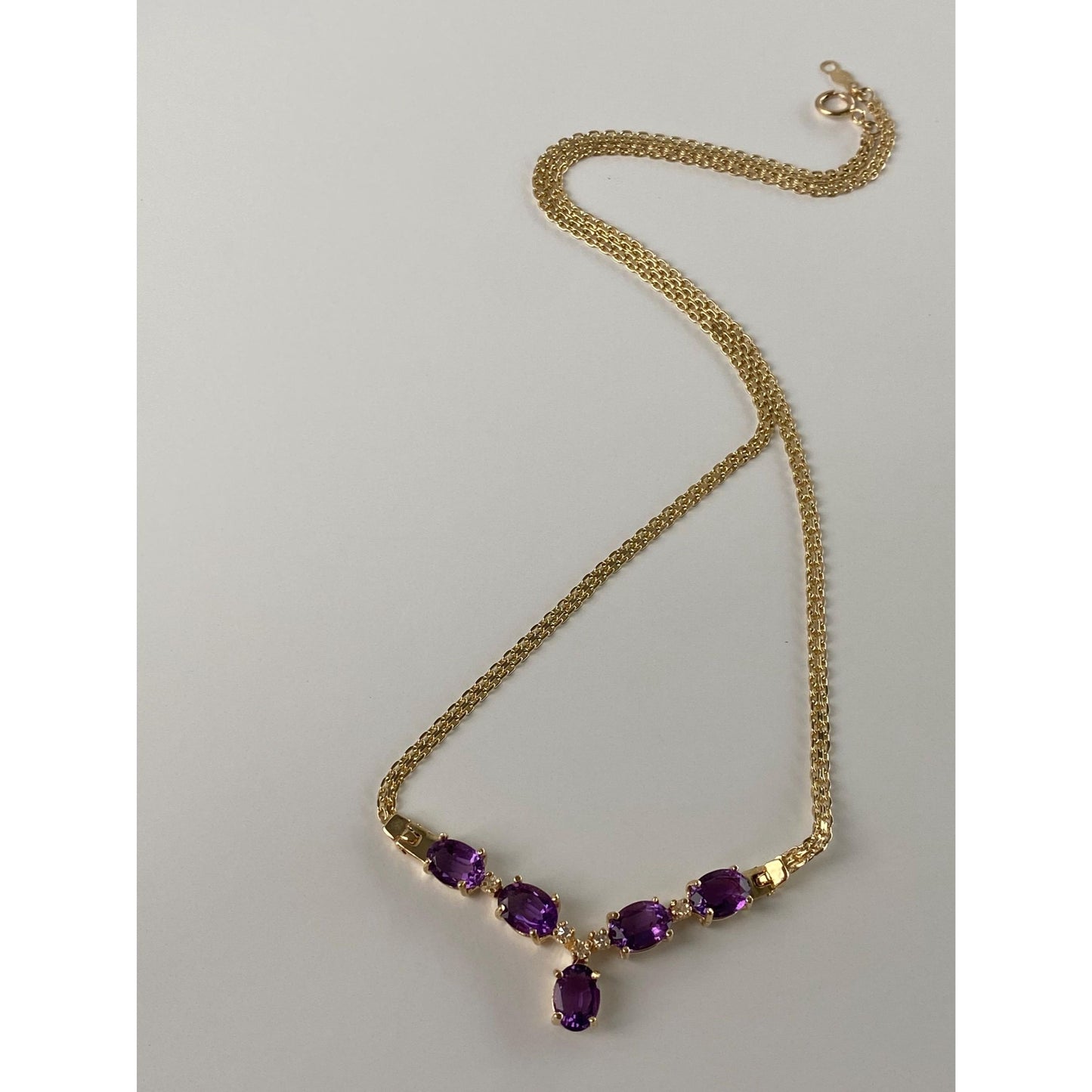 Solid 14k Yellow Gold Amethyst Diamond Fancy Flat Chain Necklace - 17.5 inches