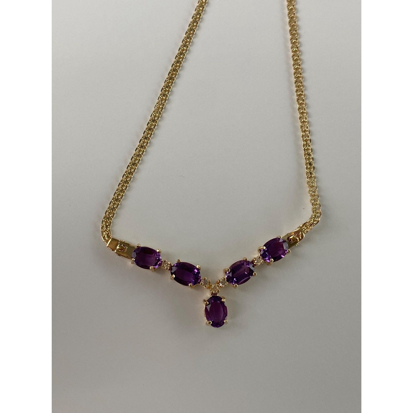 Solid 14k Yellow Gold Amethyst Diamond Fancy Flat Chain Necklace - 17.5 inches