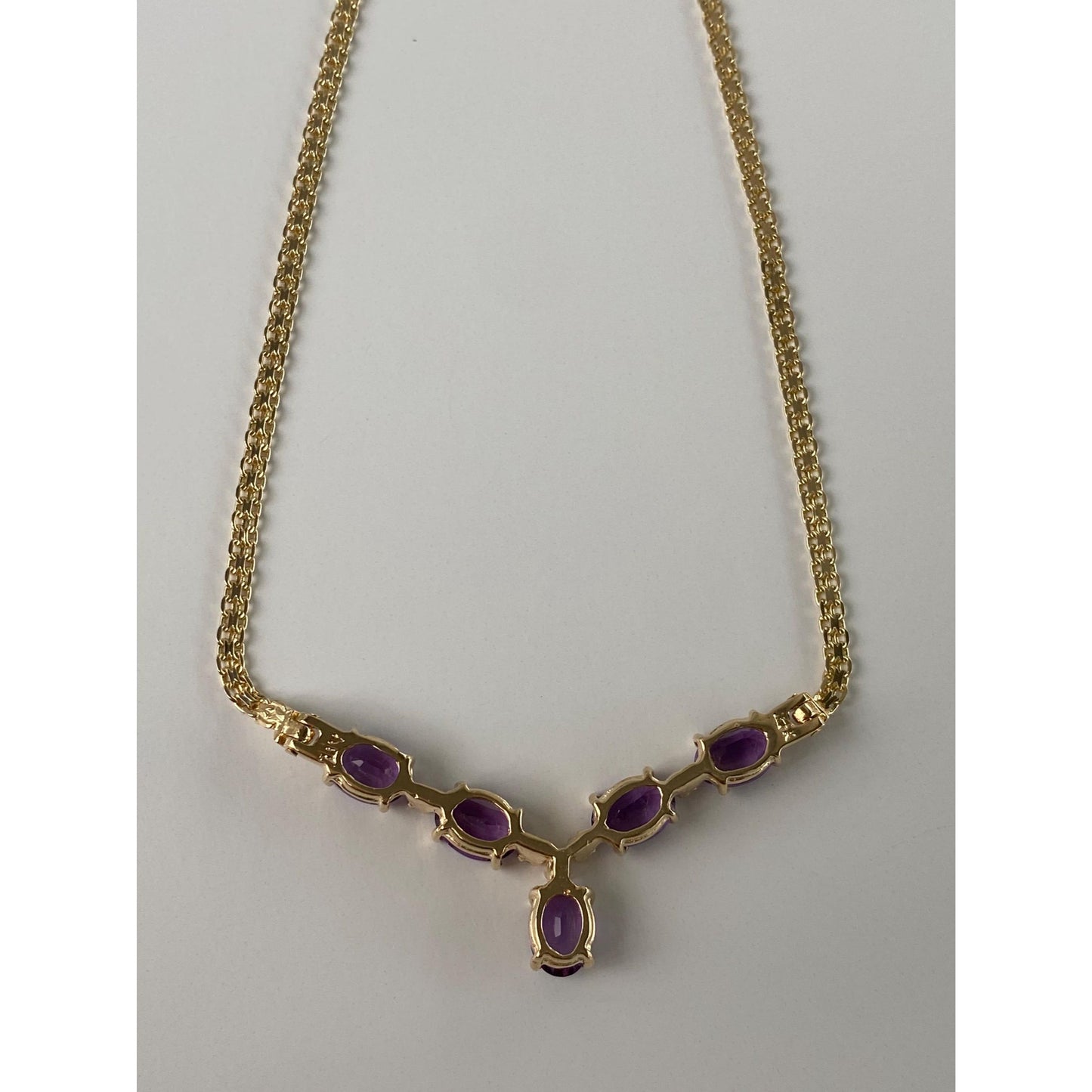 Solid 14k Yellow Gold Amethyst Diamond Fancy Flat Chain Necklace - 17.5 inches