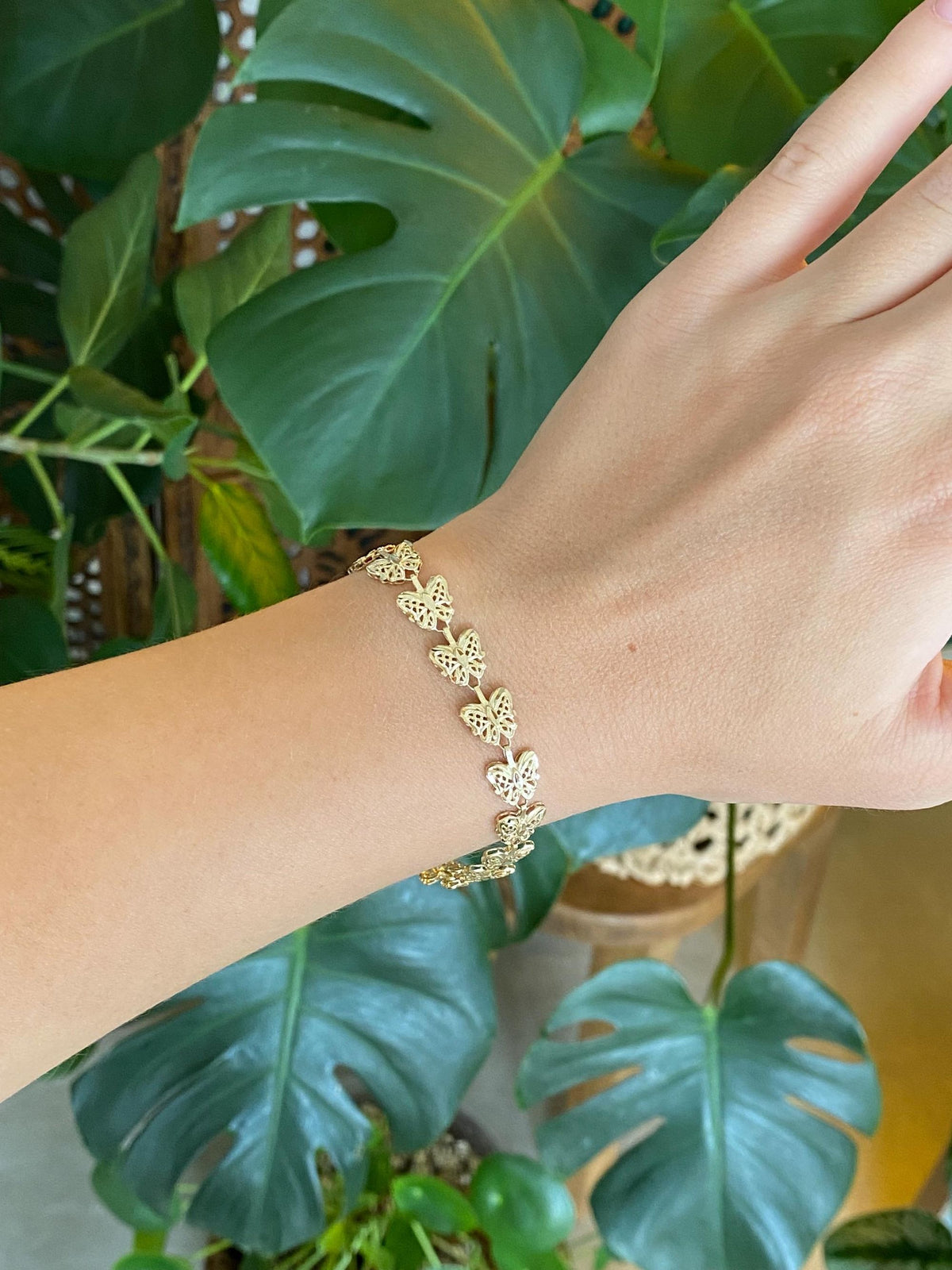 Solid 10k Yellow Gold Diamond Cut Butterfly Link Bracelet - 7.25 inches