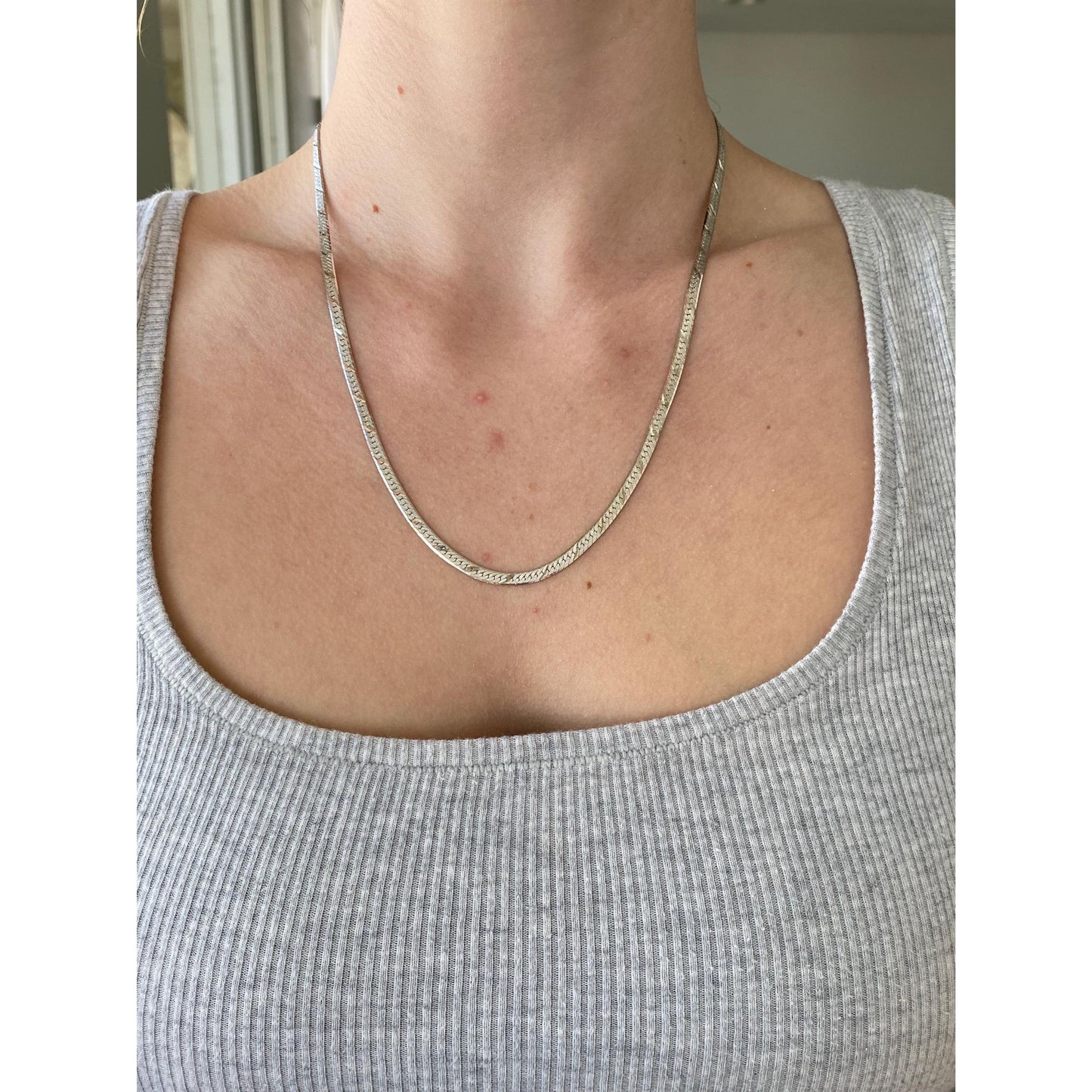 Vintage Solid 14k White Gold Diamond Cut Herringbone Chain Necklace - 20 inches