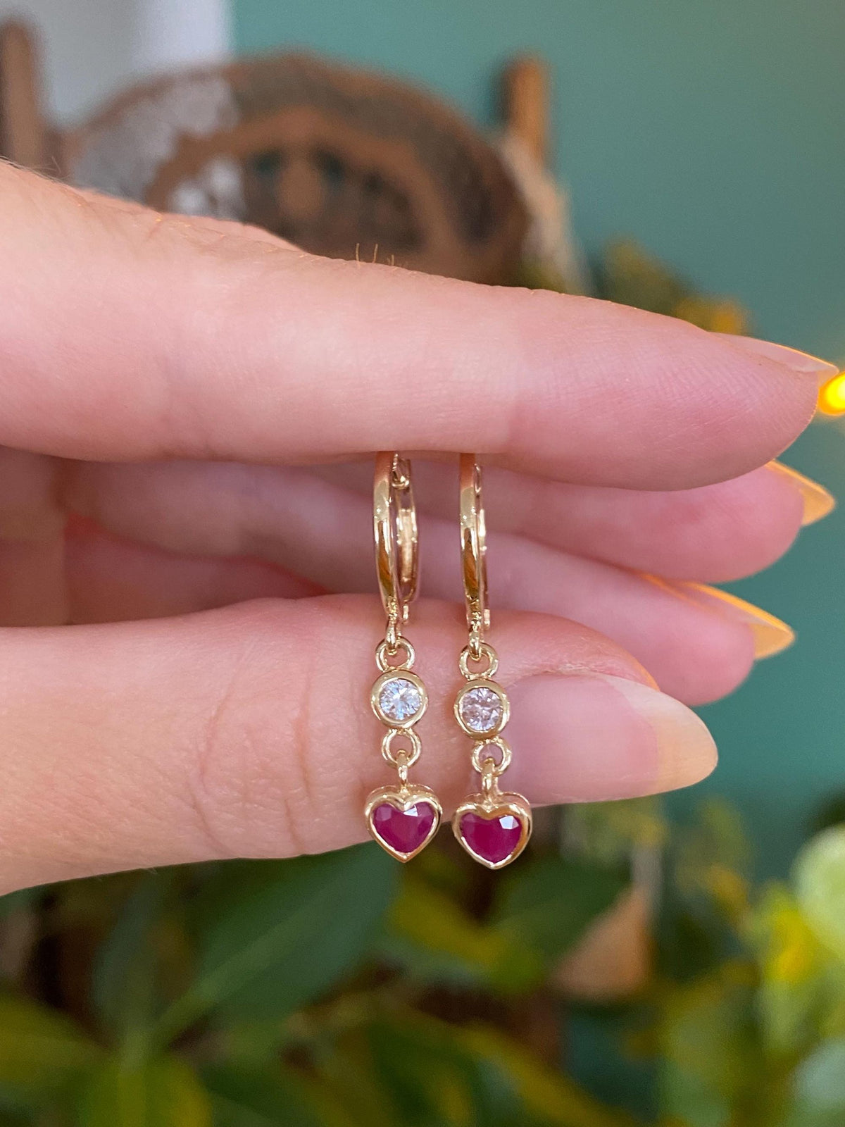 Vintage Solid 14k Yellow Gold Ruby Diamond Heart Dangle Hoop Earrings
