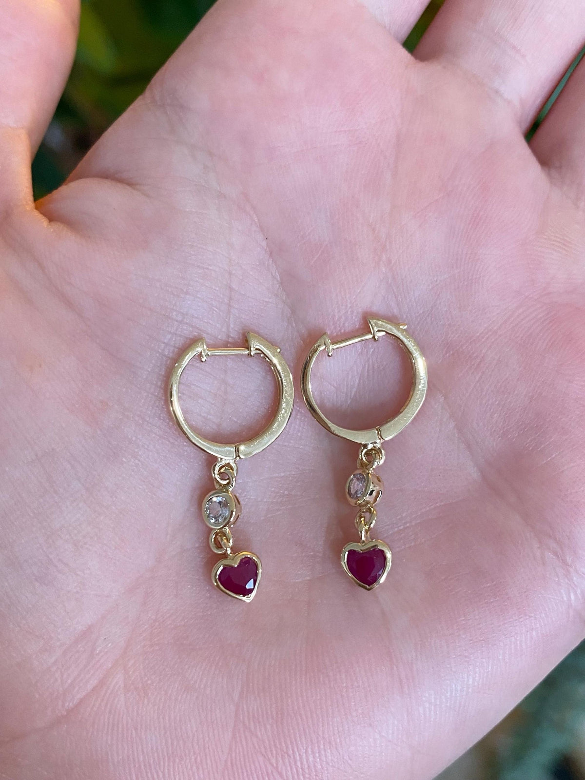 Vintage Solid 14k Yellow Gold Ruby Diamond Heart Dangle Hoop Earrings