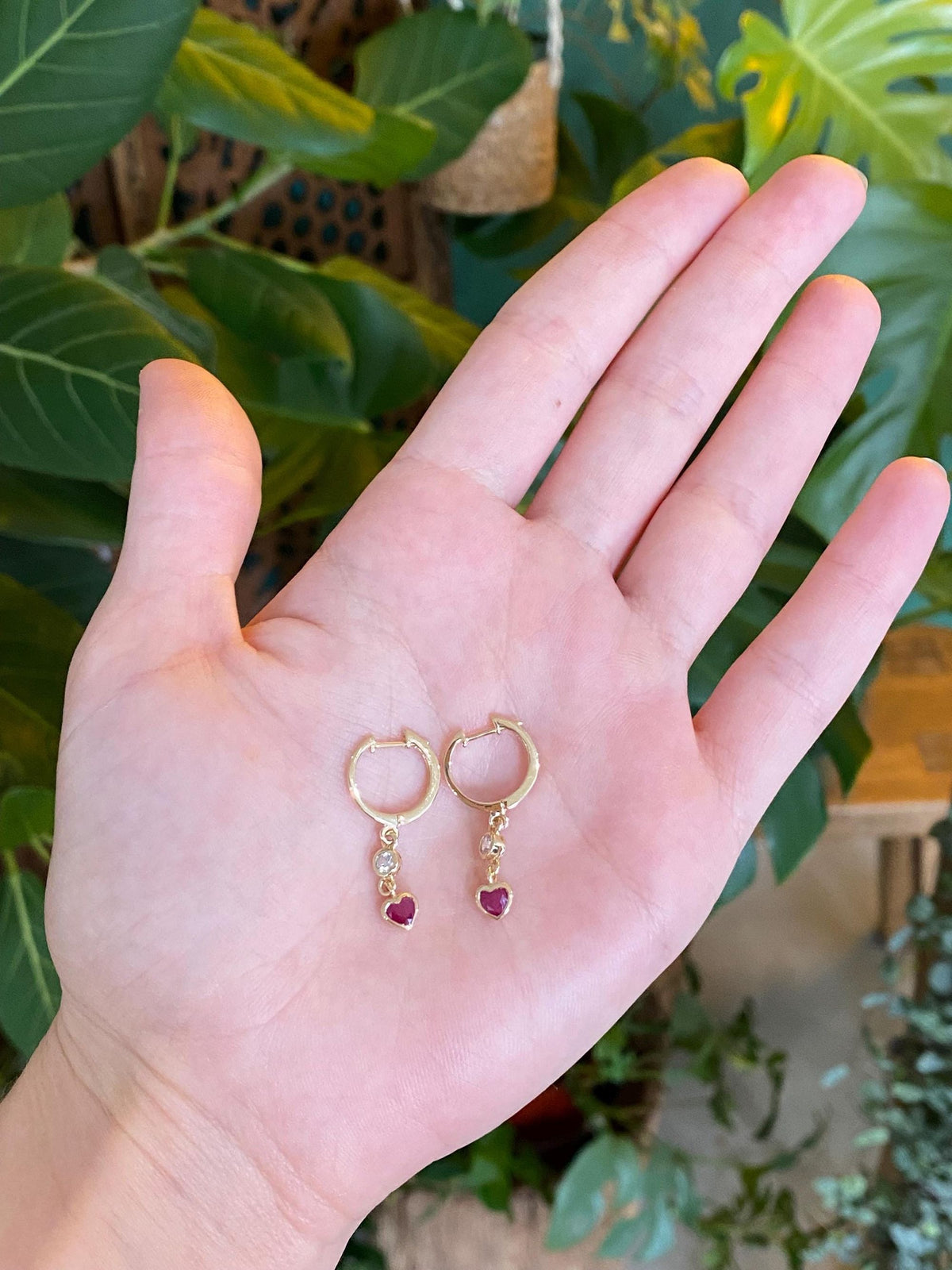 Vintage Solid 14k Yellow Gold Ruby Diamond Heart Dangle Hoop Earrings