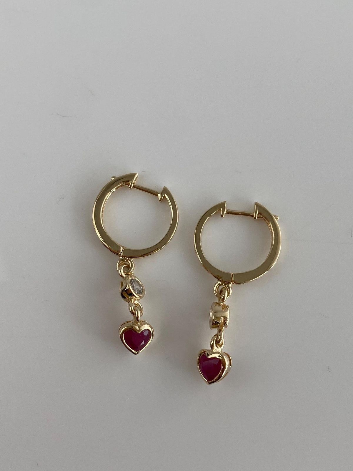 Vintage Solid 14k Yellow Gold Ruby Diamond Heart Dangle Hoop Earrings