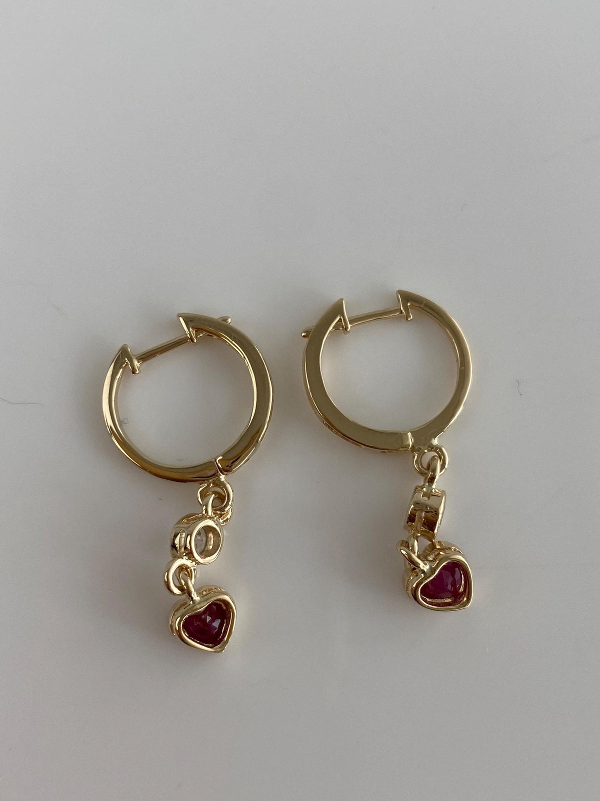 Vintage Solid 14k Yellow Gold Ruby Diamond Heart Dangle Hoop Earrings