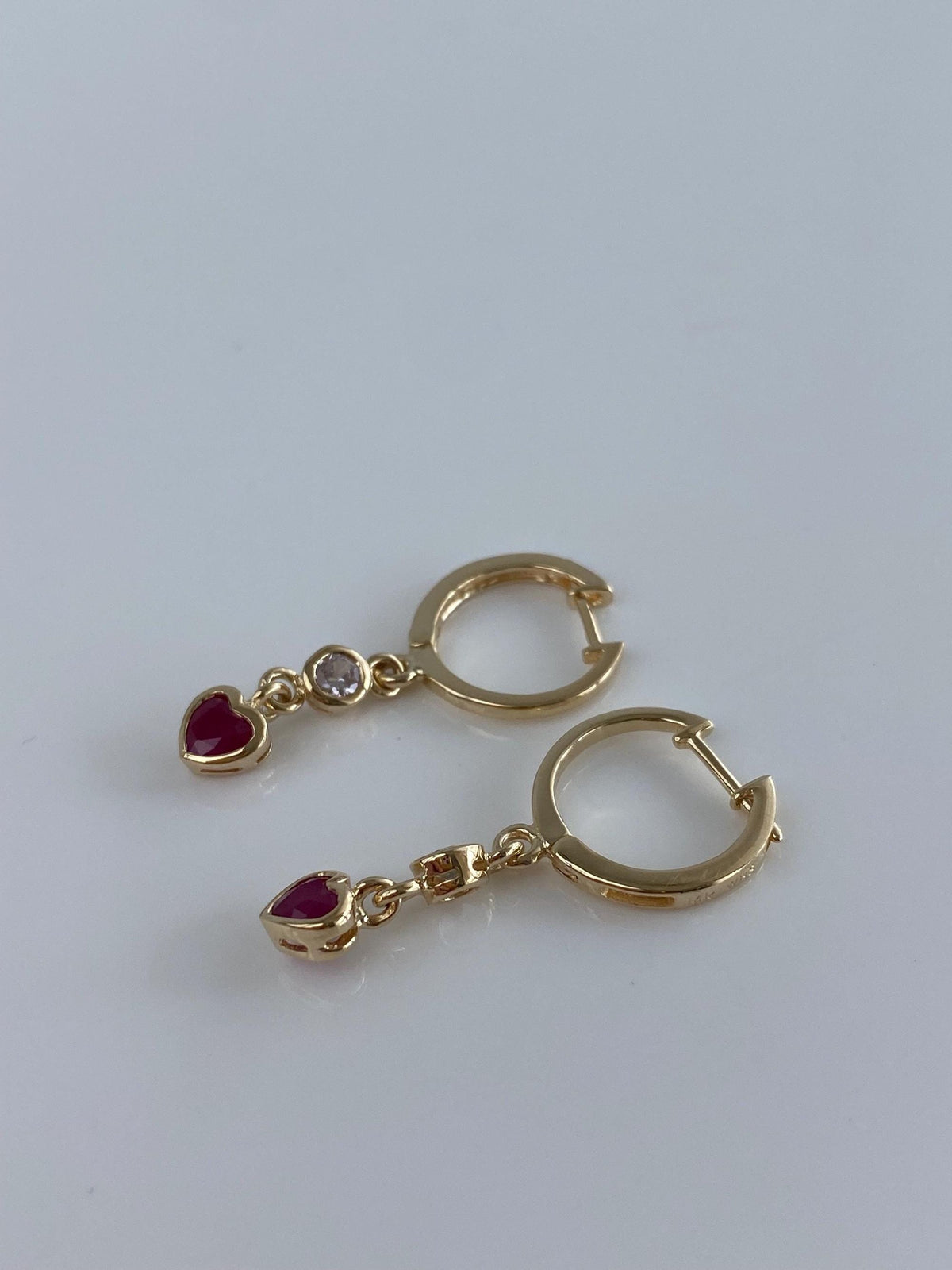 Vintage Solid 14k Yellow Gold Ruby Diamond Heart Dangle Hoop Earrings