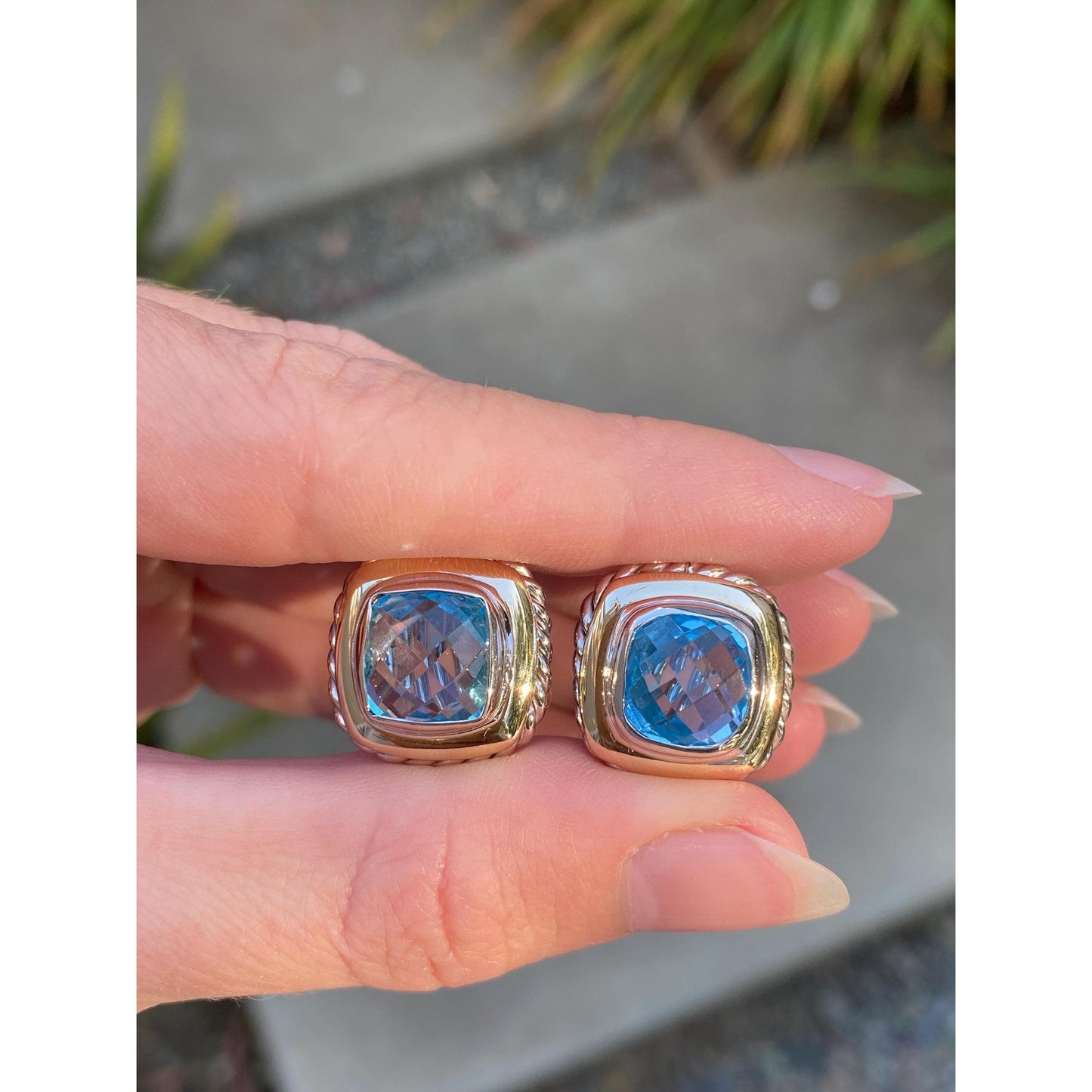 Vintage Solid 14k White & Yellow Gold Topaz Stud Earrings