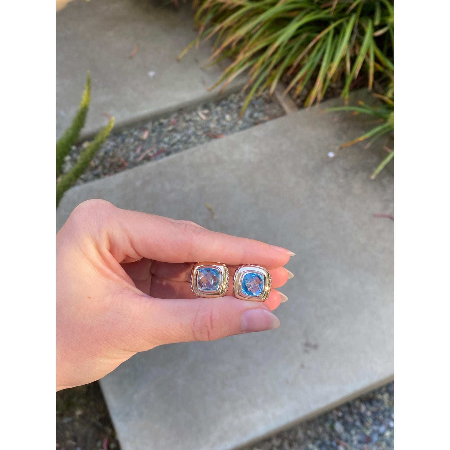 Vintage Solid 14k White & Yellow Gold Topaz Stud Earrings