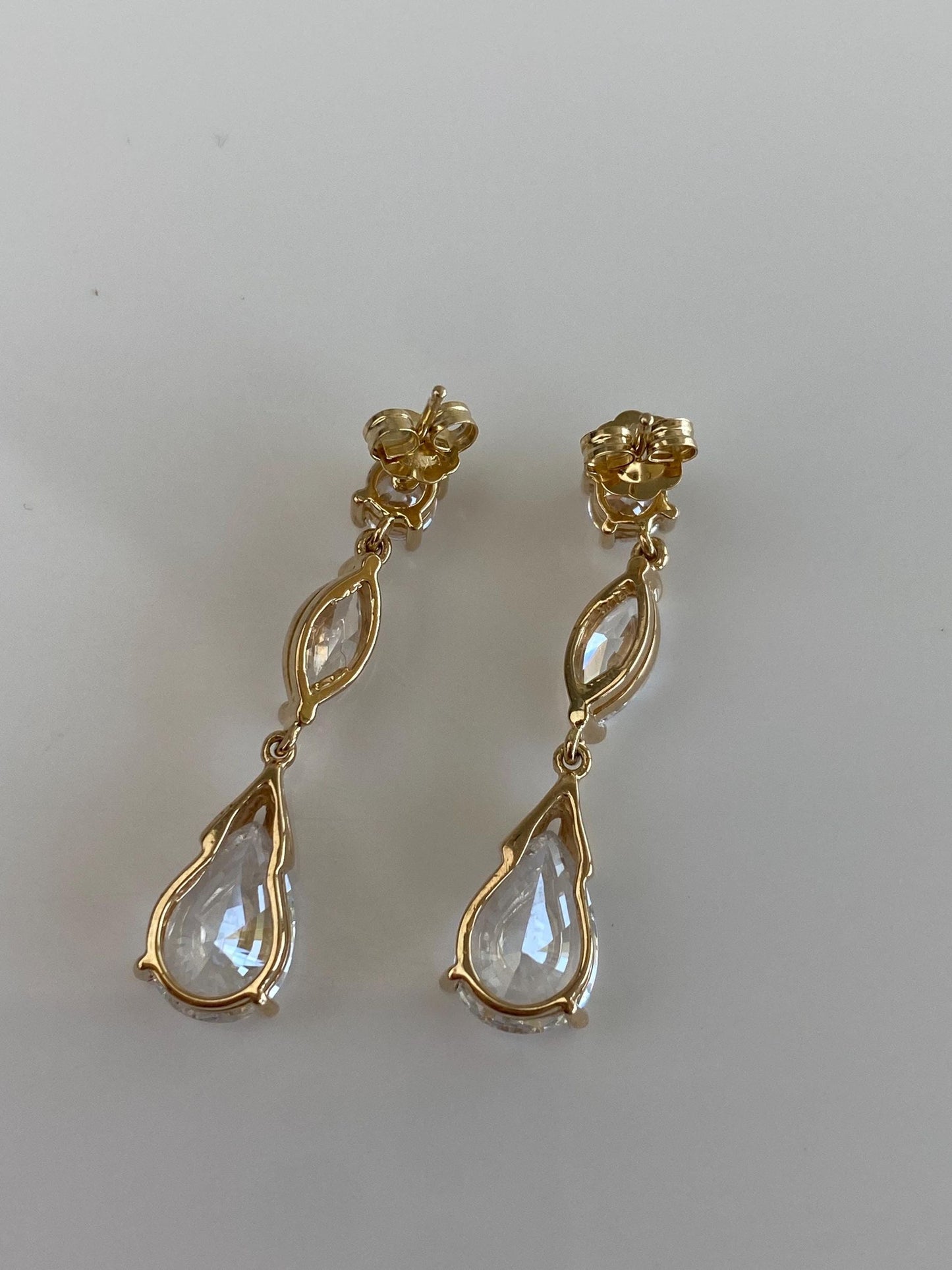 Vintage Solid 14k Yellow Gold Clear Cubic Zirconia Dangle Stud Earrings
