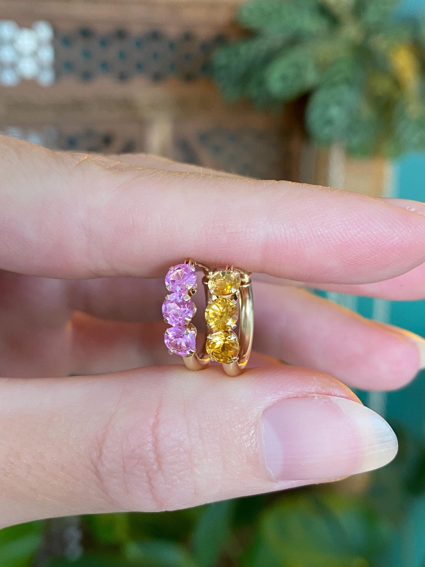 Vintage 14k Yellow Gold Pink Sapphire & Citrine Mismatch Hoop Earrings
