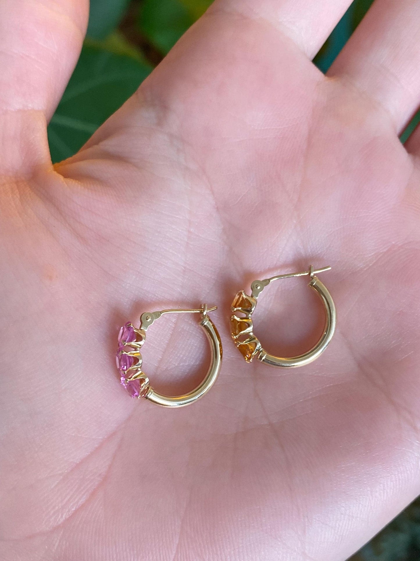Vintage 14k Yellow Gold Pink Sapphire & Citrine Mismatch Hoop Earrings