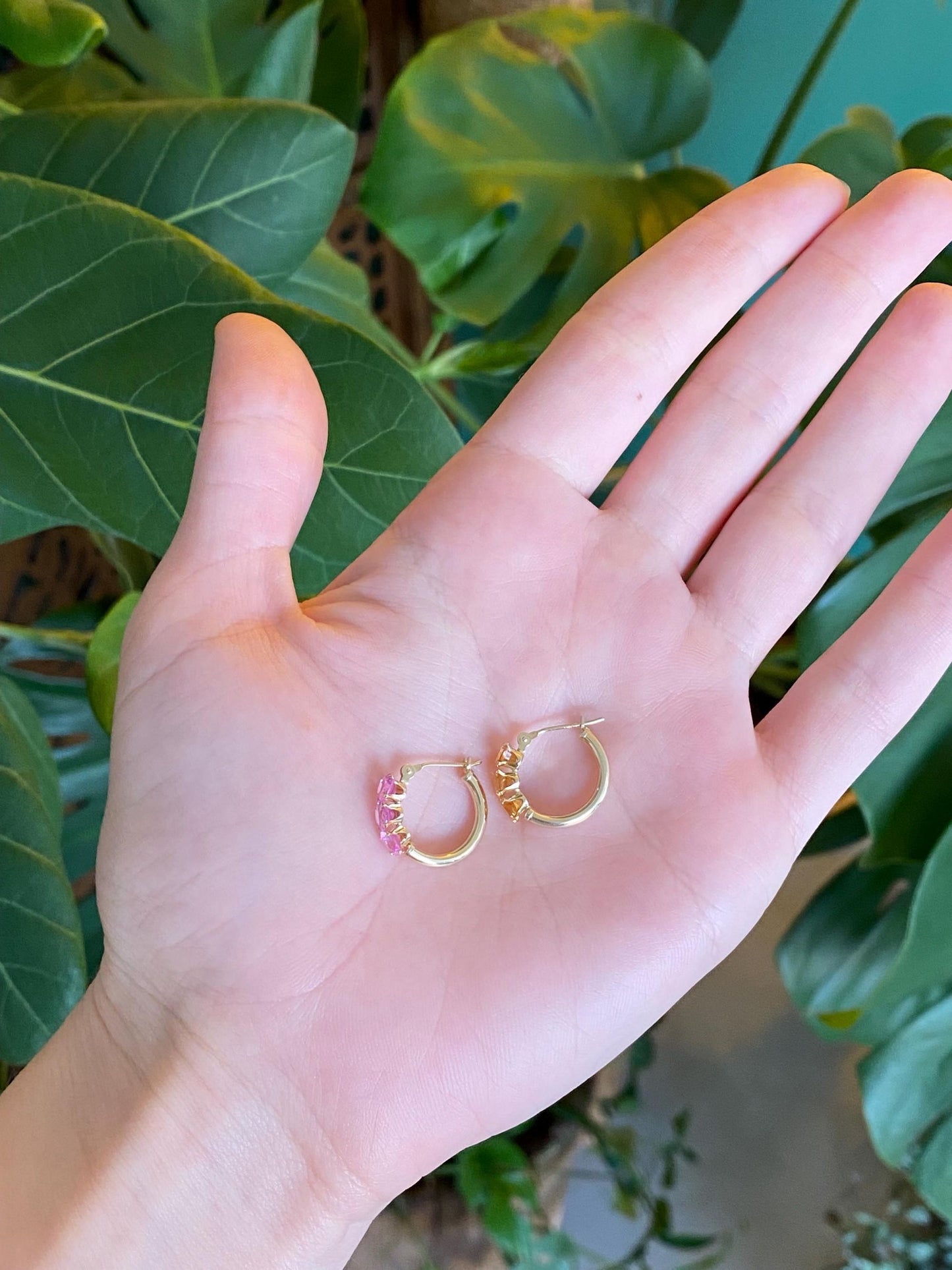 Vintage 14k Yellow Gold Pink Sapphire & Citrine Mismatch Hoop Earrings