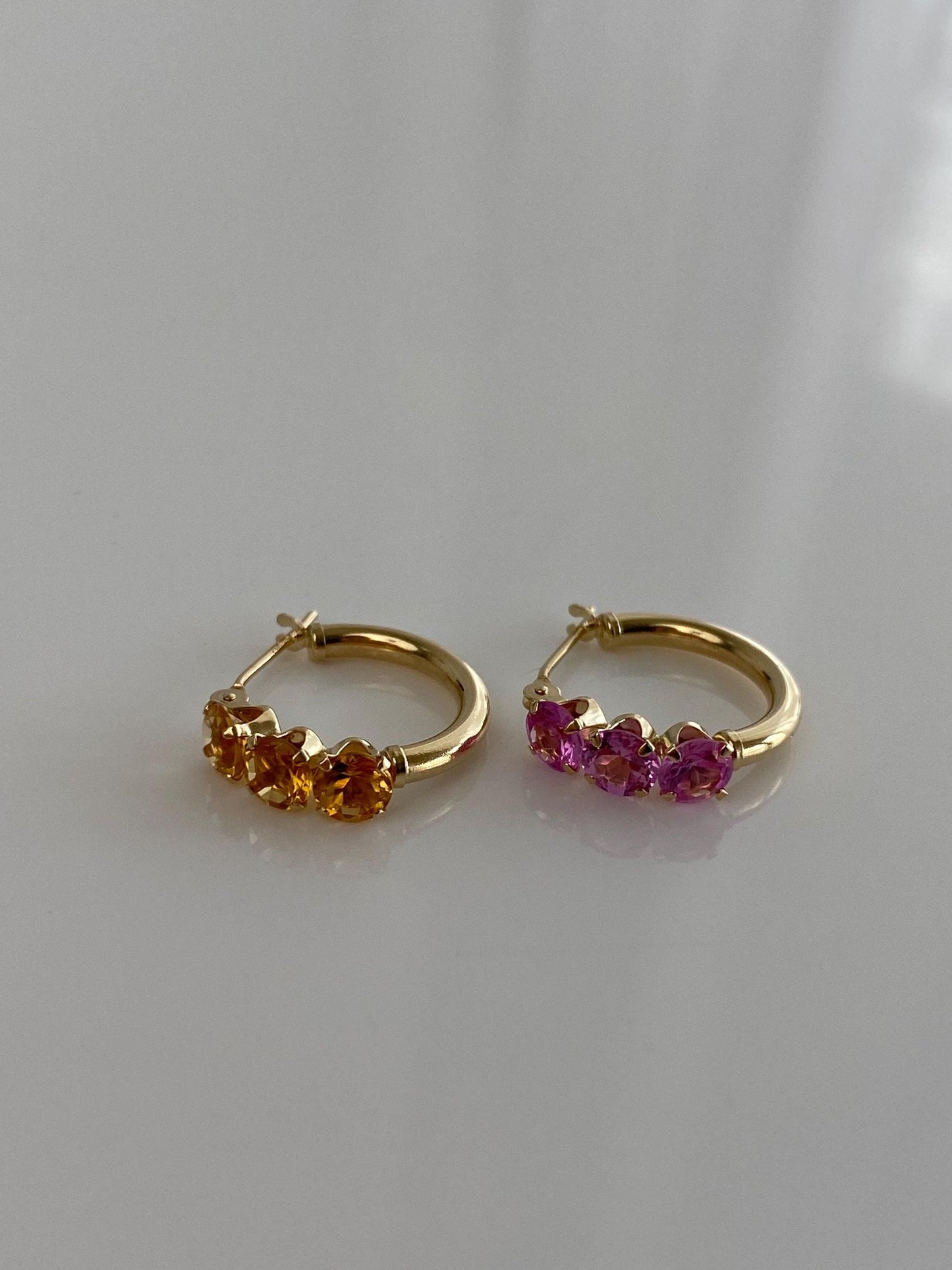 Vintage 14k Yellow Gold Pink Sapphire & Citrine Mismatch Hoop Earrings
