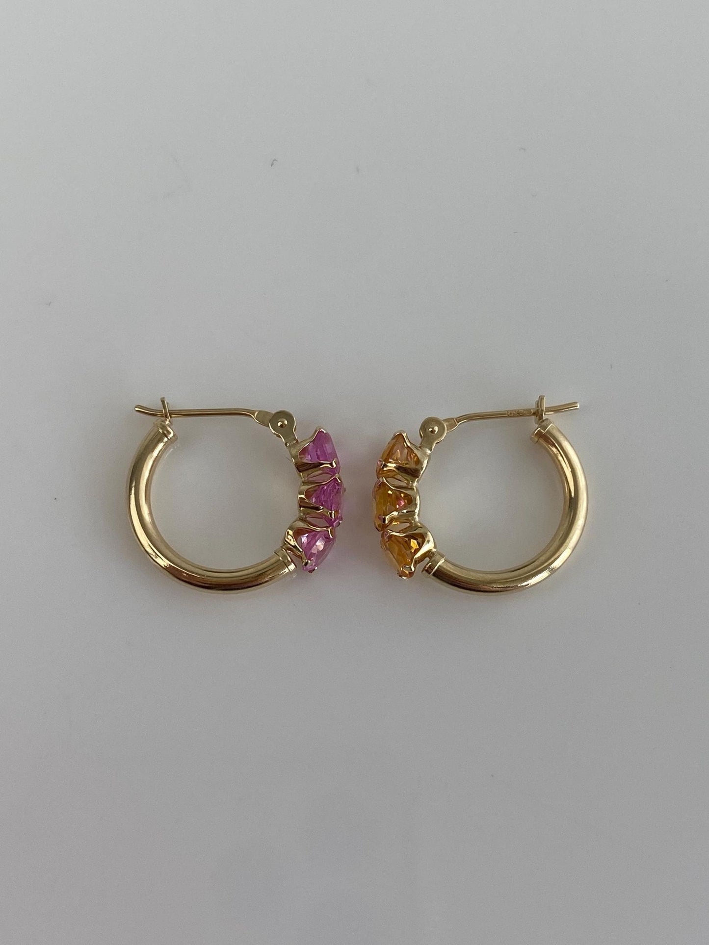 Vintage 14k Yellow Gold Pink Sapphire & Citrine Mismatch Hoop Earrings