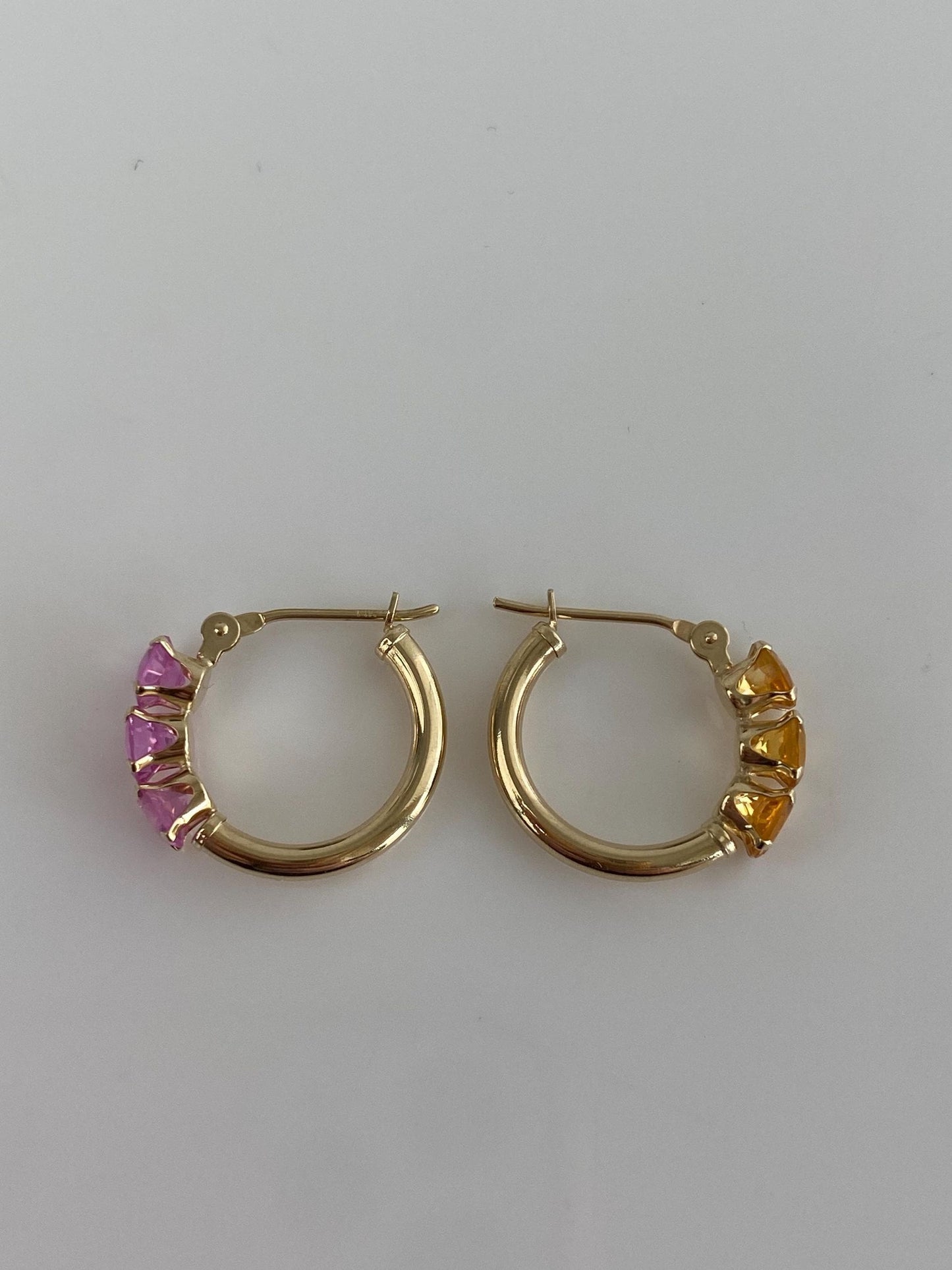 Vintage 14k Yellow Gold Pink Sapphire & Citrine Mismatch Hoop Earrings