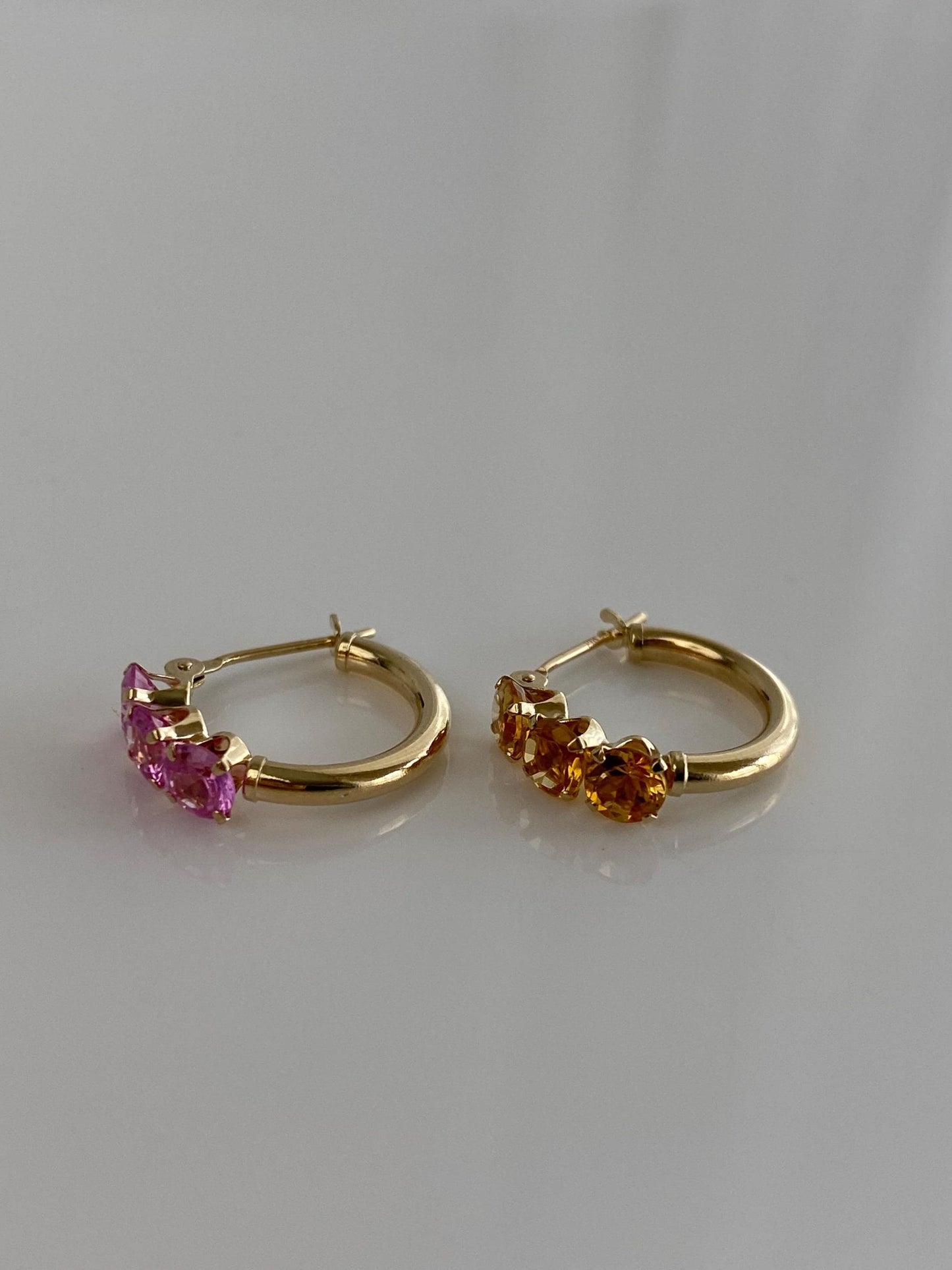 Vintage 14k Yellow Gold Pink Sapphire & Citrine Mismatch Hoop Earrings
